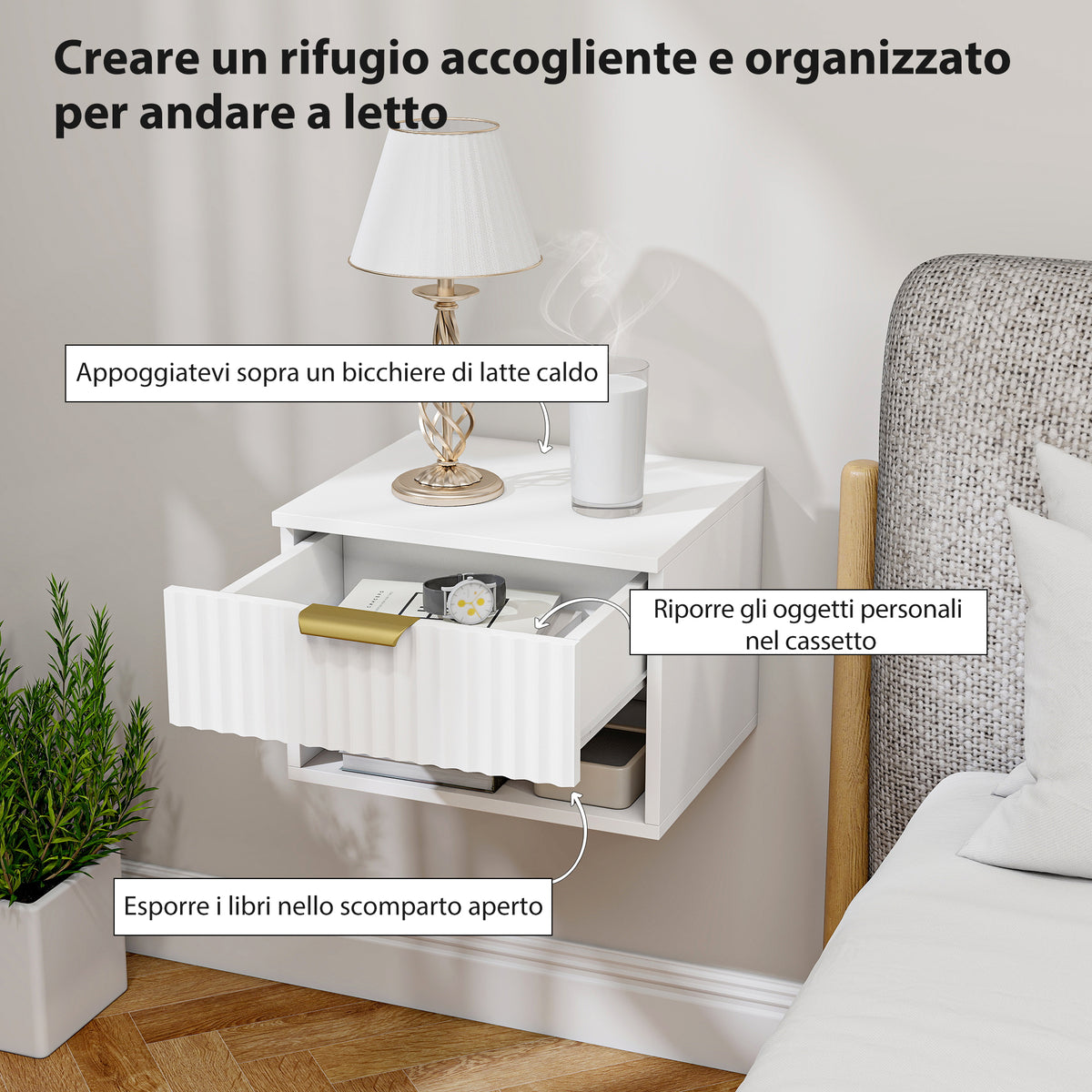 Set 2 Comodini Sospesi Bianchi con Cassetto Scanalato