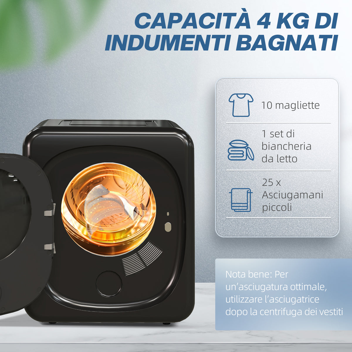 Asciugatrice 4 kg con Disinfezione UV Nera