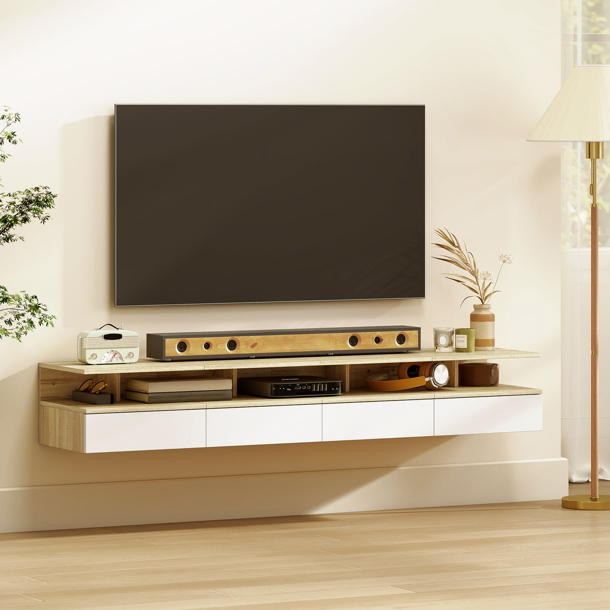 Set 2 Comodini Sospesi Rovere e Bianco