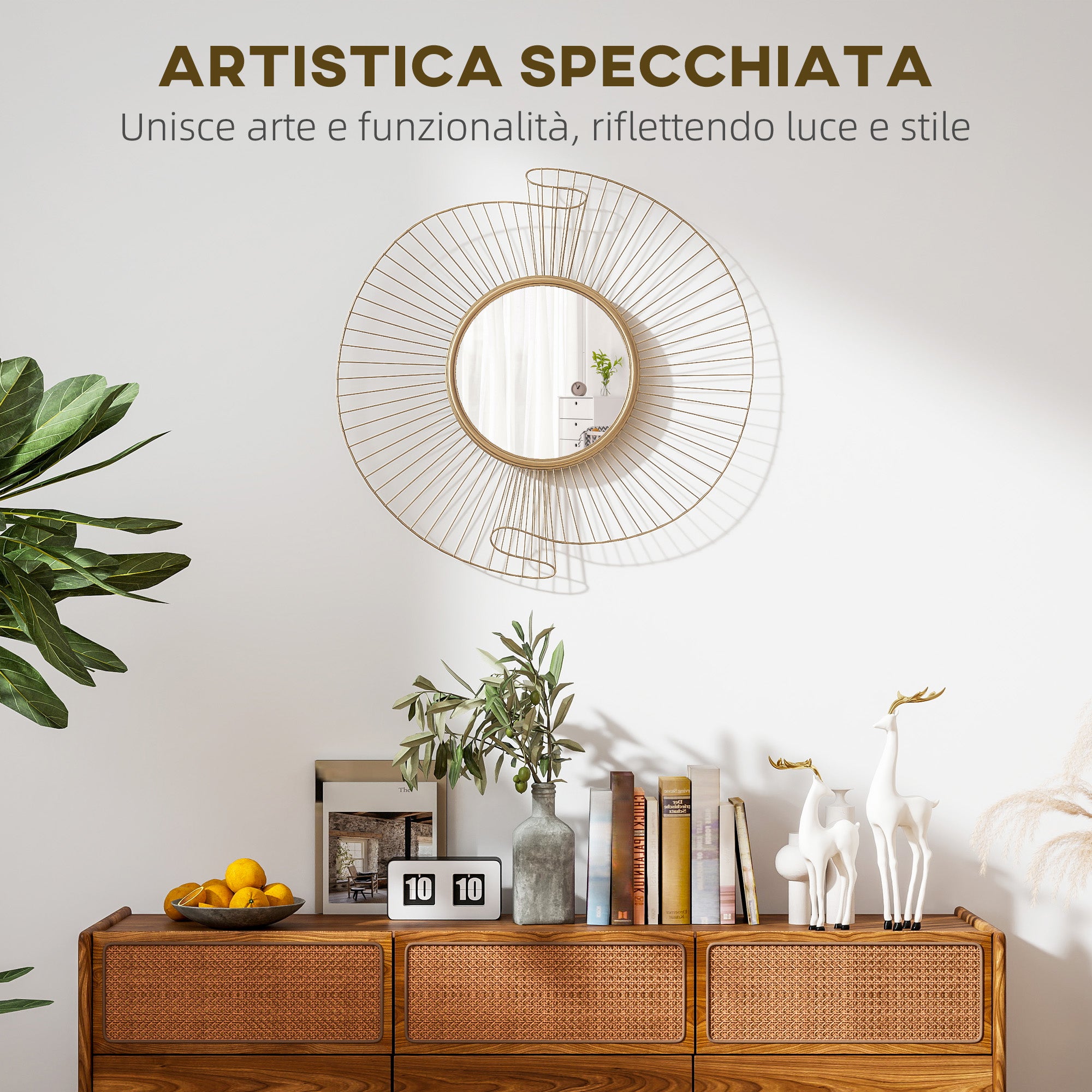 Specchio da Parete Rotondo con Cornice in Metallo Plissettata Oro 60 cm
