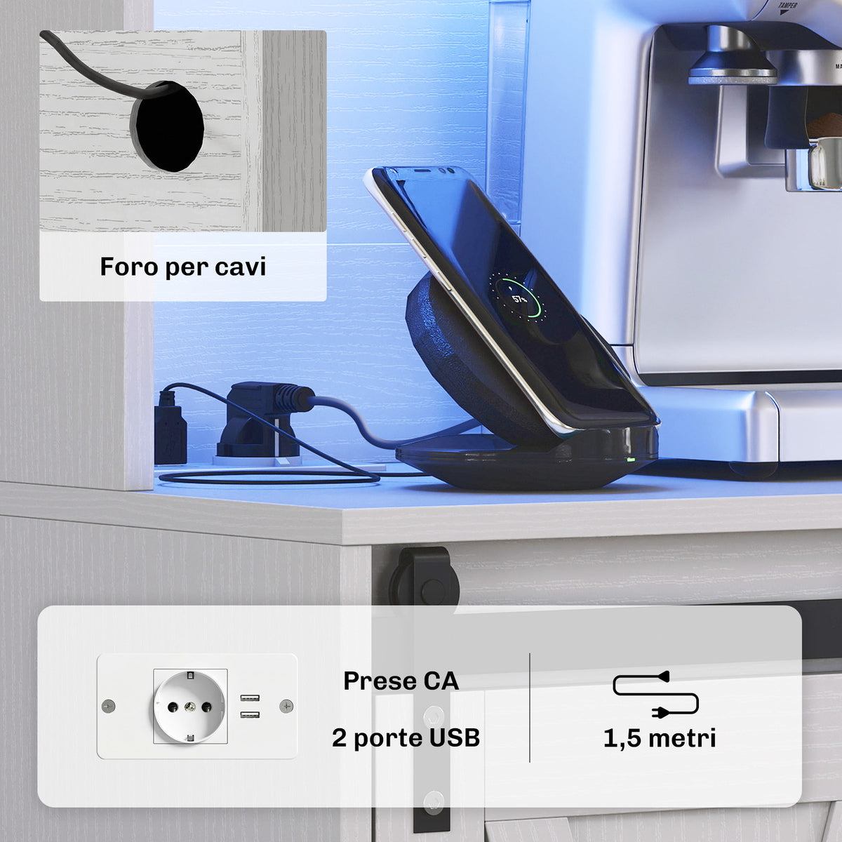 Credenza Cucina con LED, Prese Elettriche e Portabottiglie