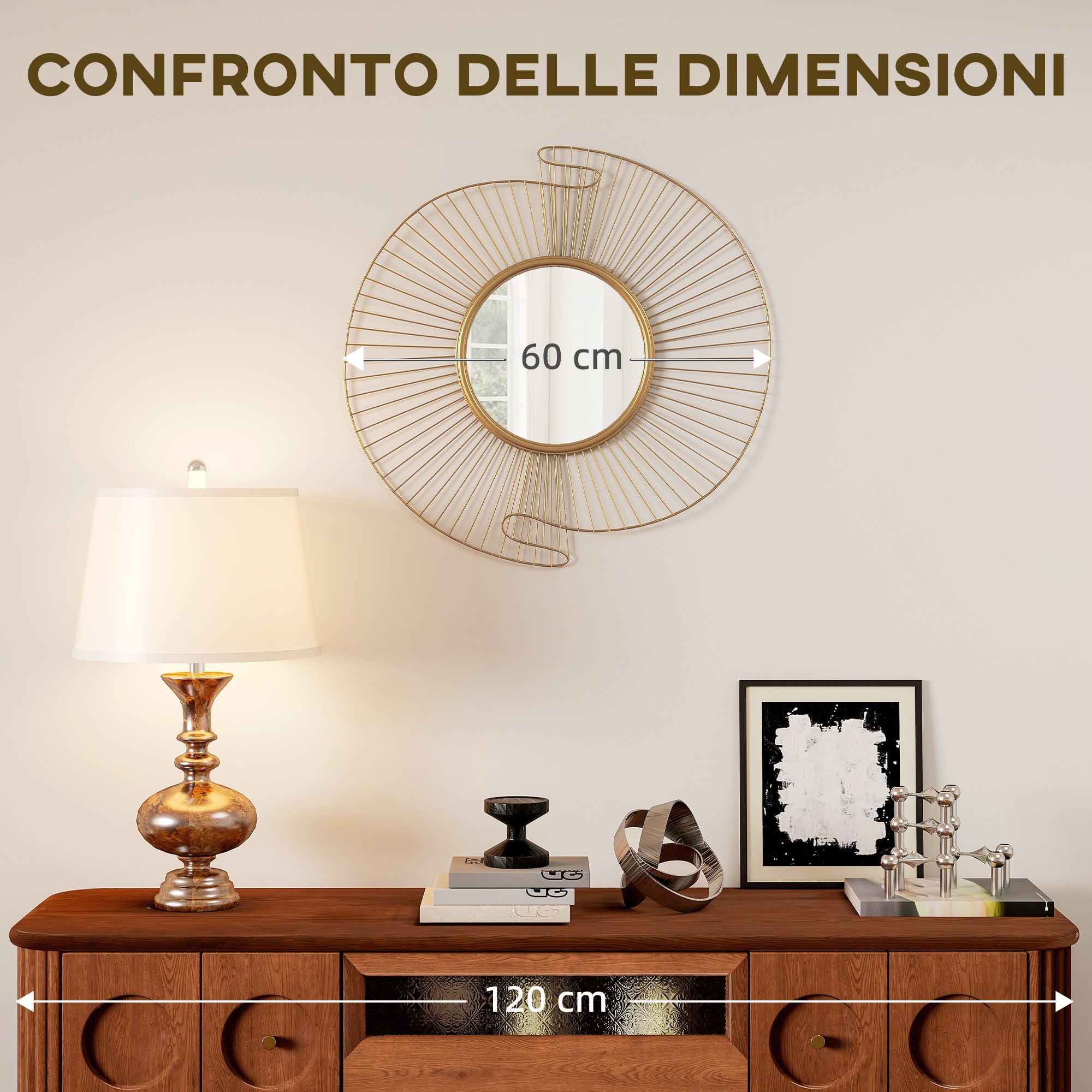 Specchio da Parete Rotondo con Cornice in Metallo Plissettata Oro 60 cm