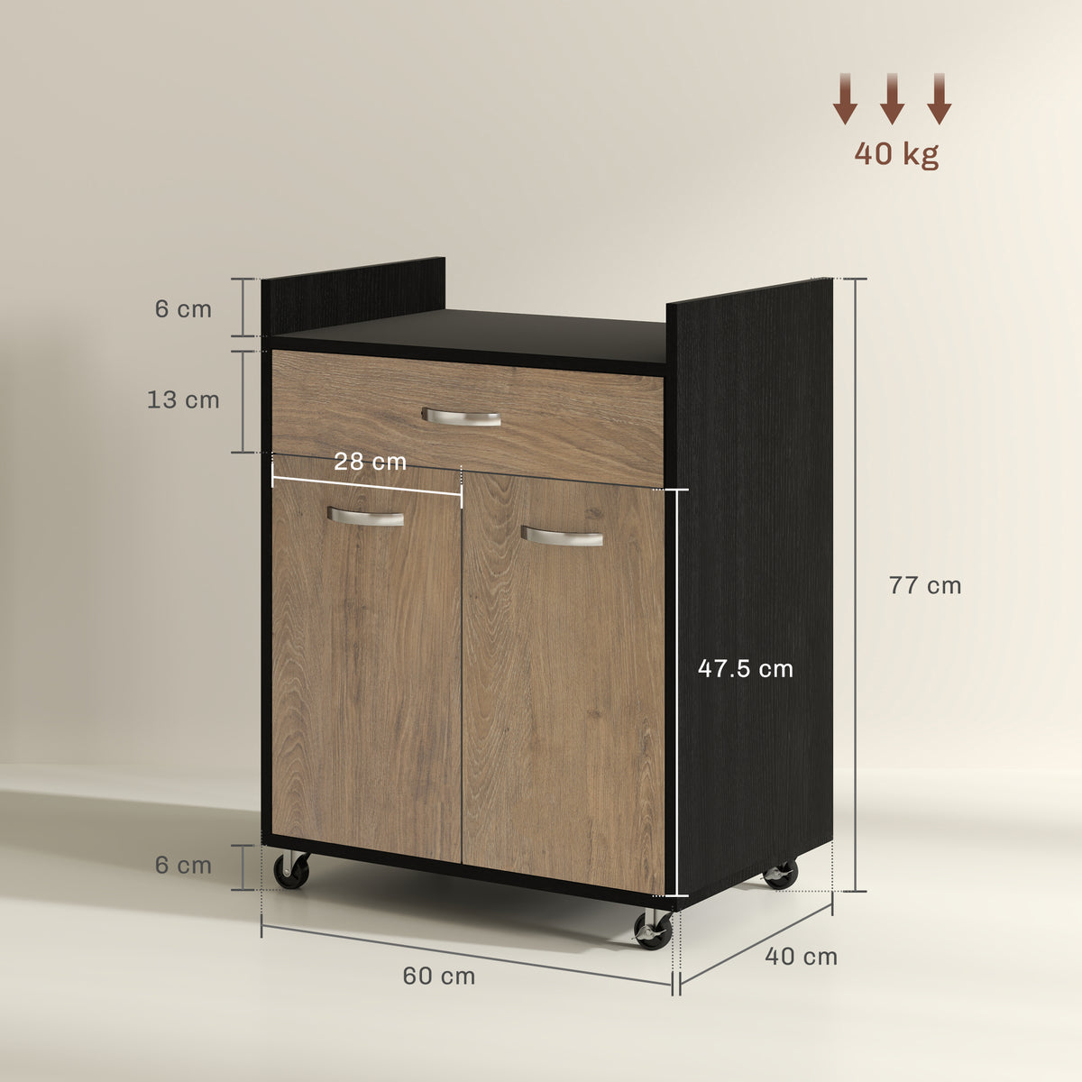 Carrello da Cucina Nero con Cassetto e Armadietto
