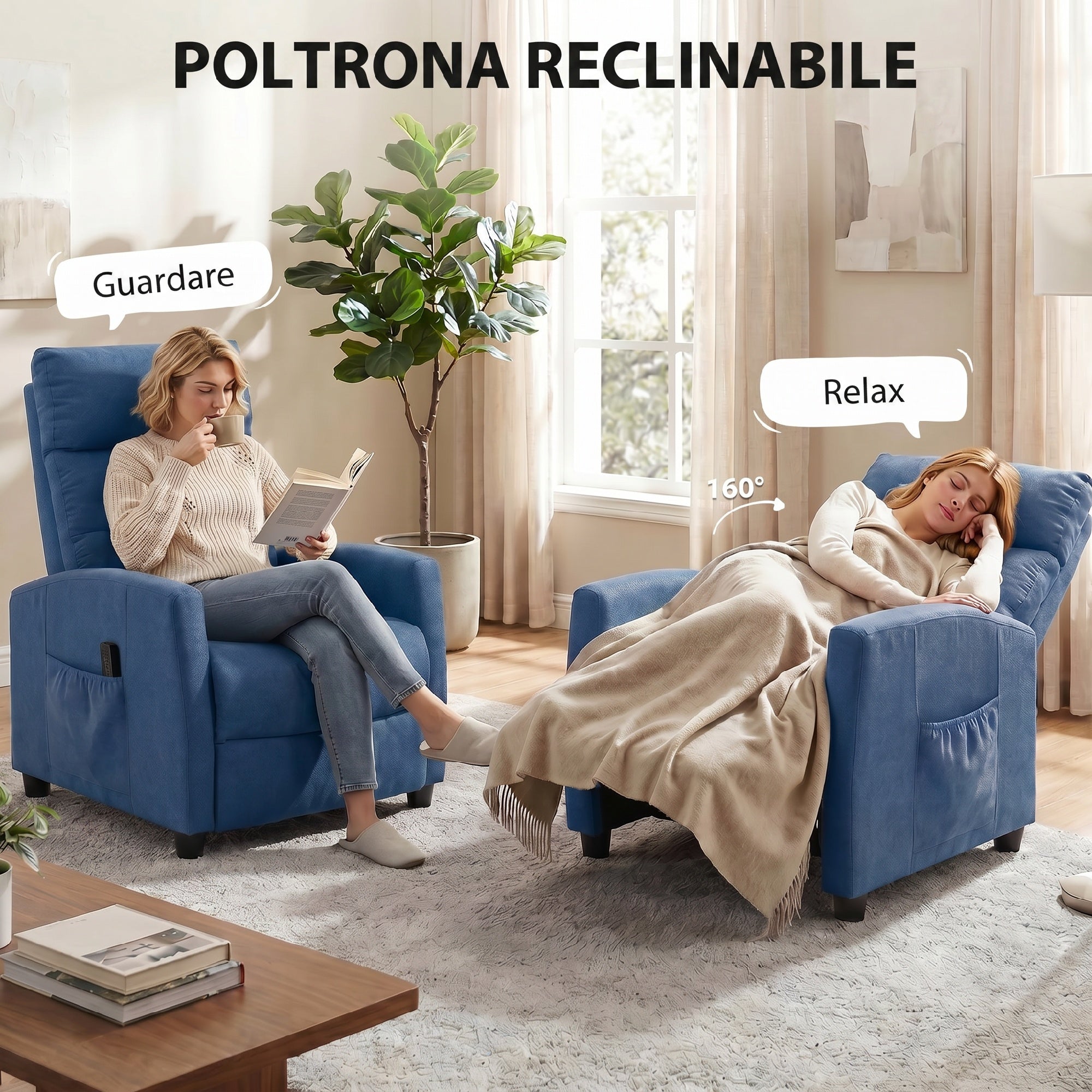 Poltrona Relax Massaggiante Reclinabile Manuale 160° in Ciniglia Blu Scuro