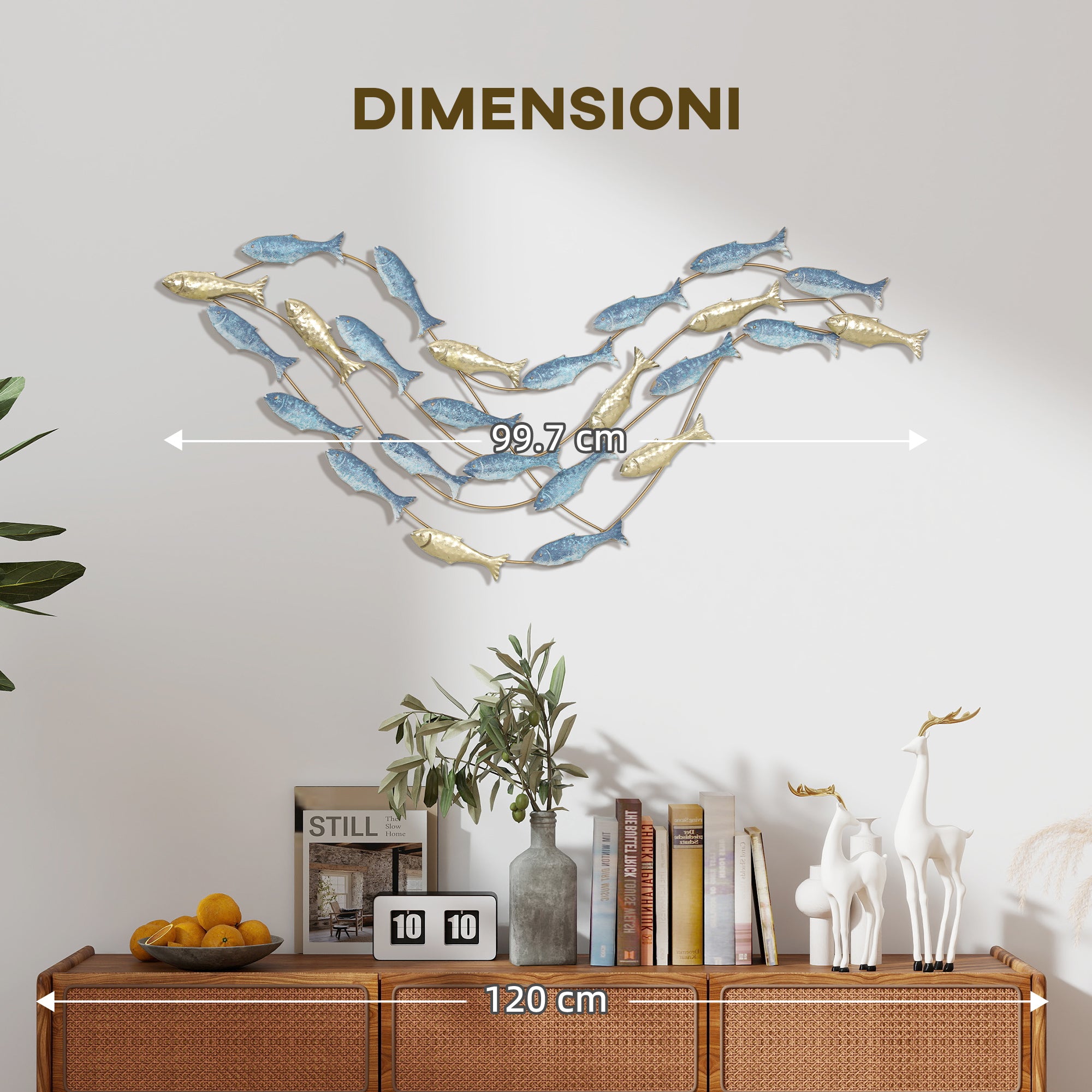 Decorazione Murale Banco di Pesci in Metallo Oro e Blu