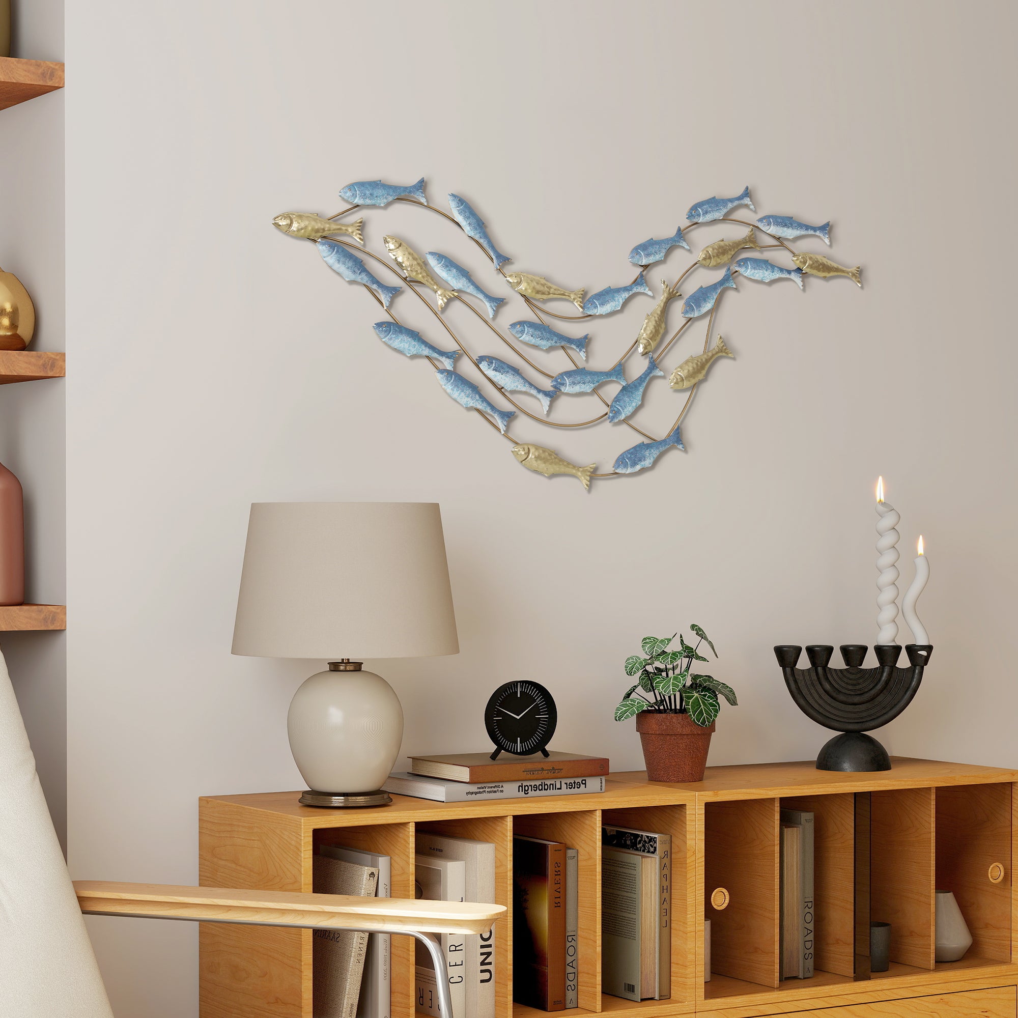 Decorazione Murale Banco di Pesci in Metallo Oro e Blu