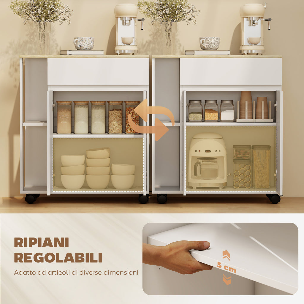 Carrello da Cucina Bianco e Rovere con Cassetto