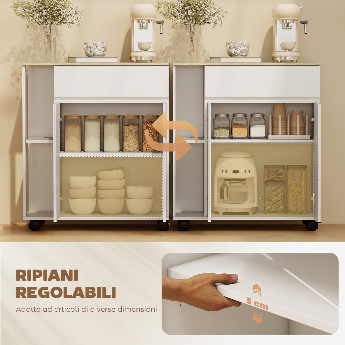 Carrello da Cucina Bianco e Rovere con Cassetto