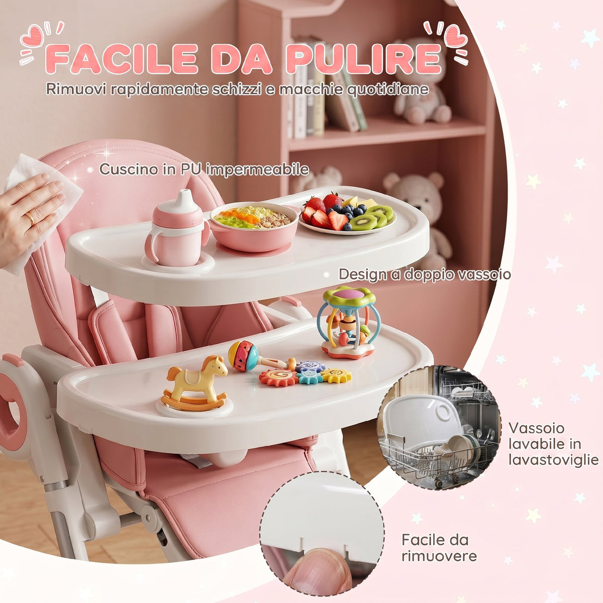 Seggiolone Pappa Pieghevole Rosa con Altezza Regolabile