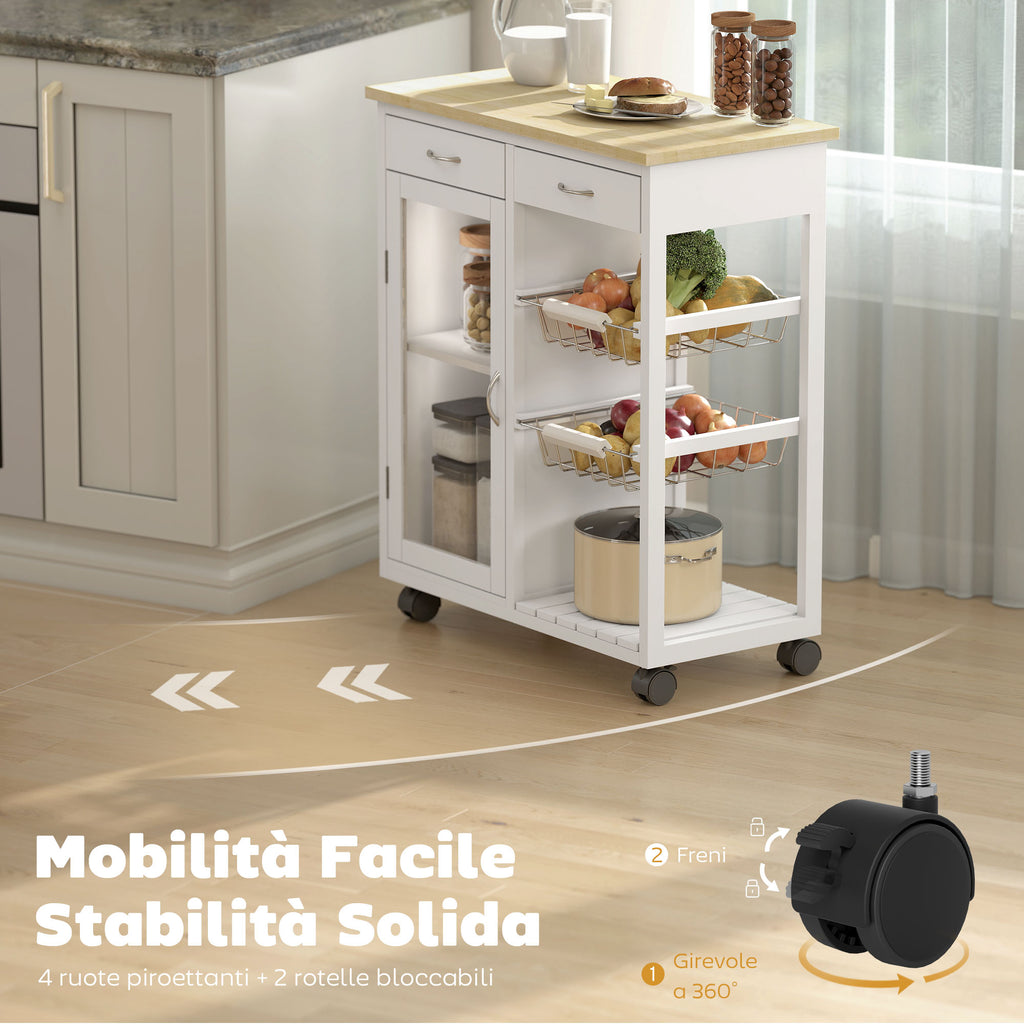 Carrello da Cucina in Bambù Bianco con 2 Cassetti
