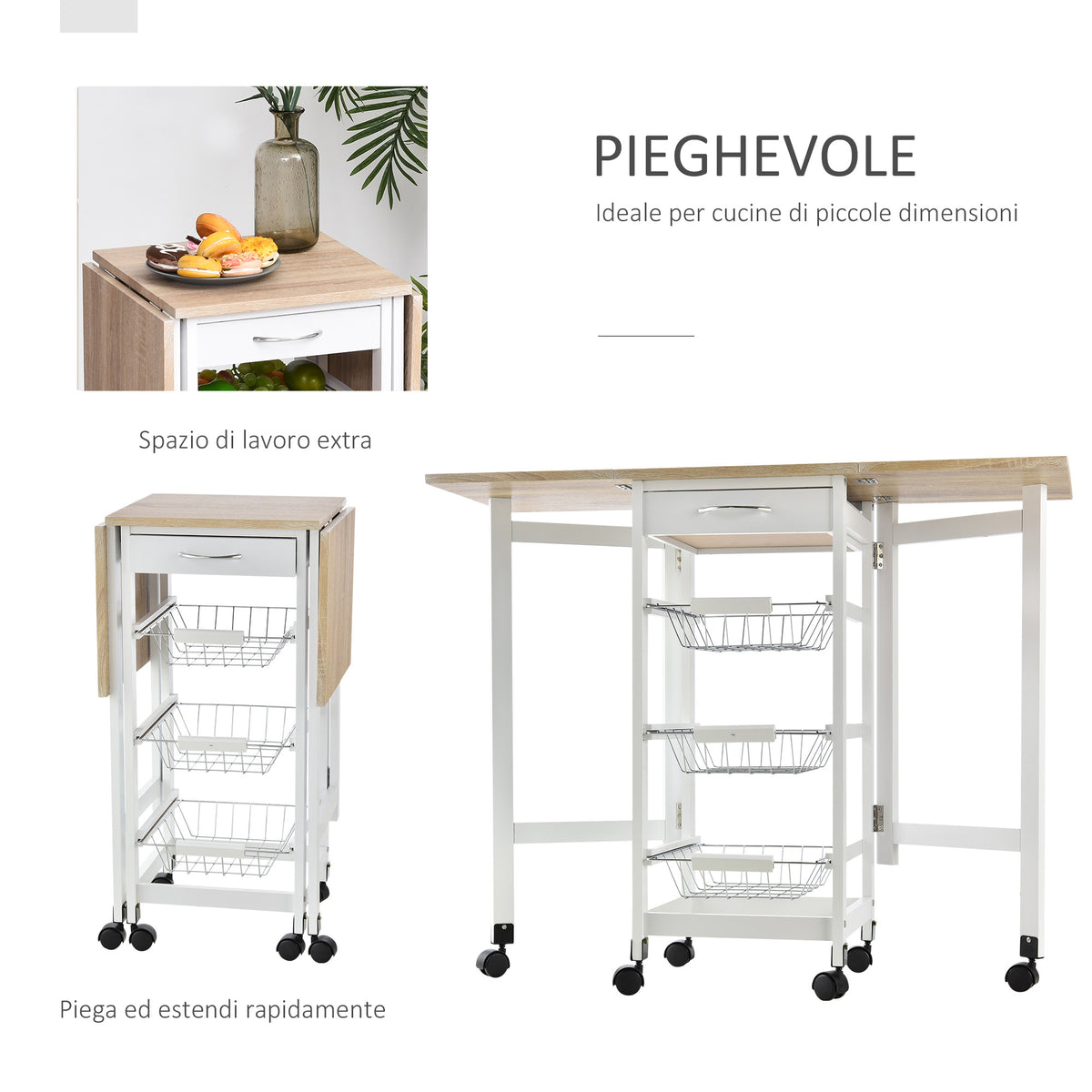 Carrello da Cucina con 3 Cestini e Cassetto