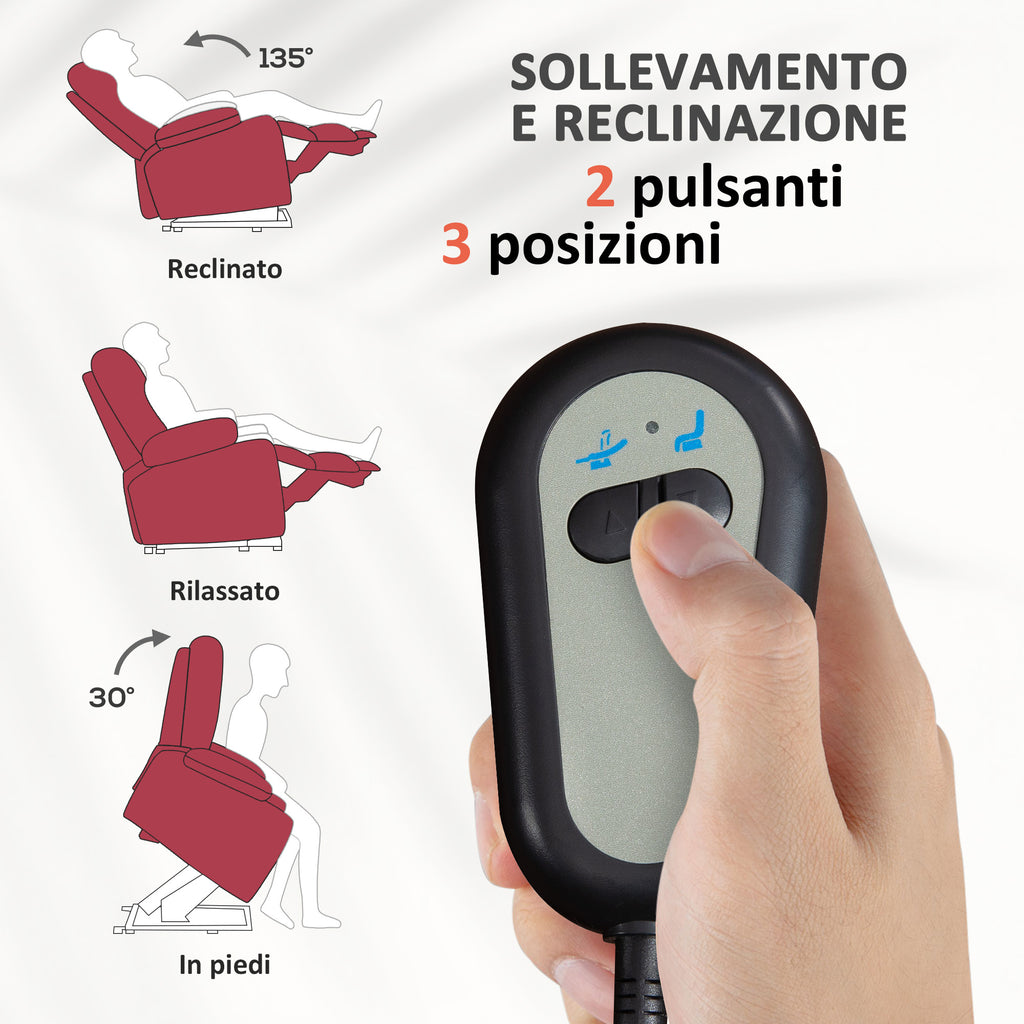 Poltrona Alzapersona Elettrica Reclinabile con Telecomando e Tasca Laterale Rossa