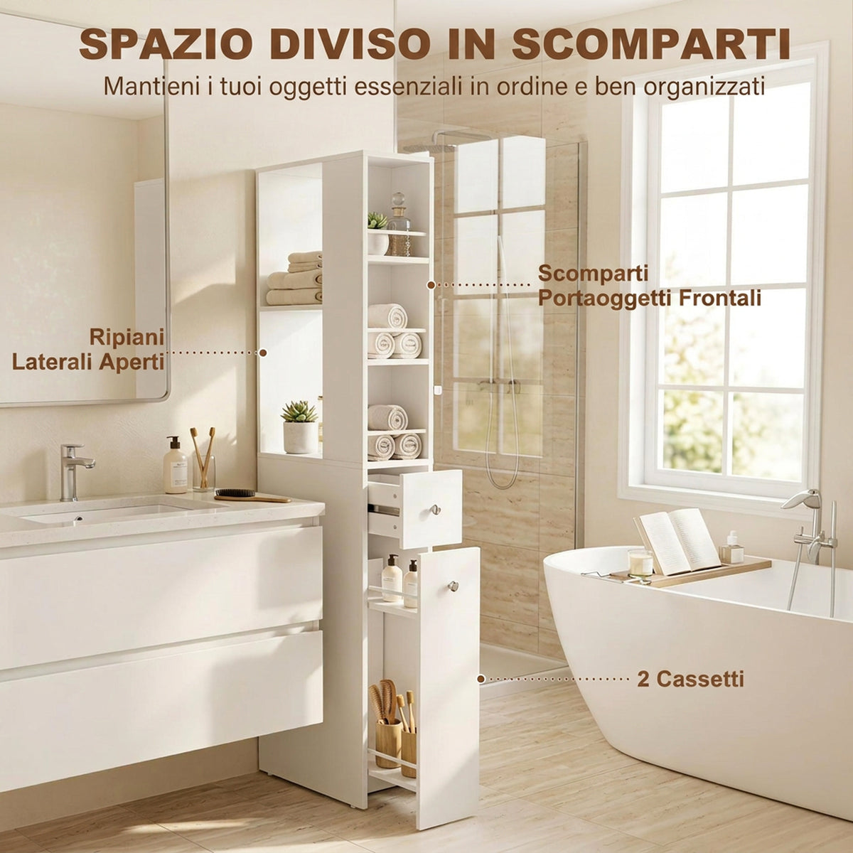Mobile Bagno Alto Slim Bianco con 2 Cassetti