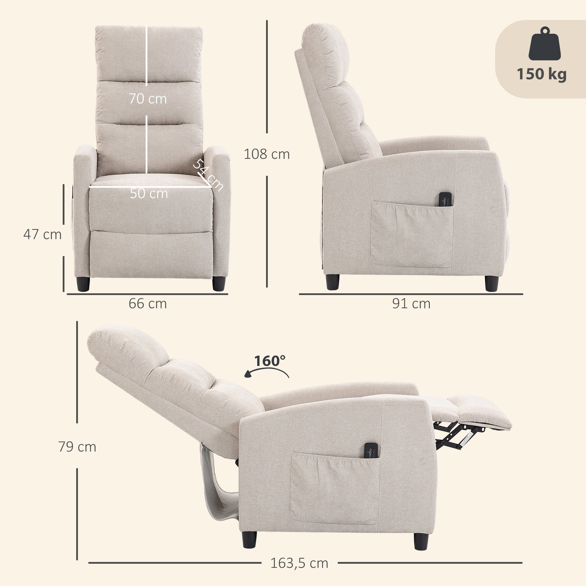 Poltrona Relax Massaggiante Reclinabile Manuale 160° in Ciniglia Color Crema