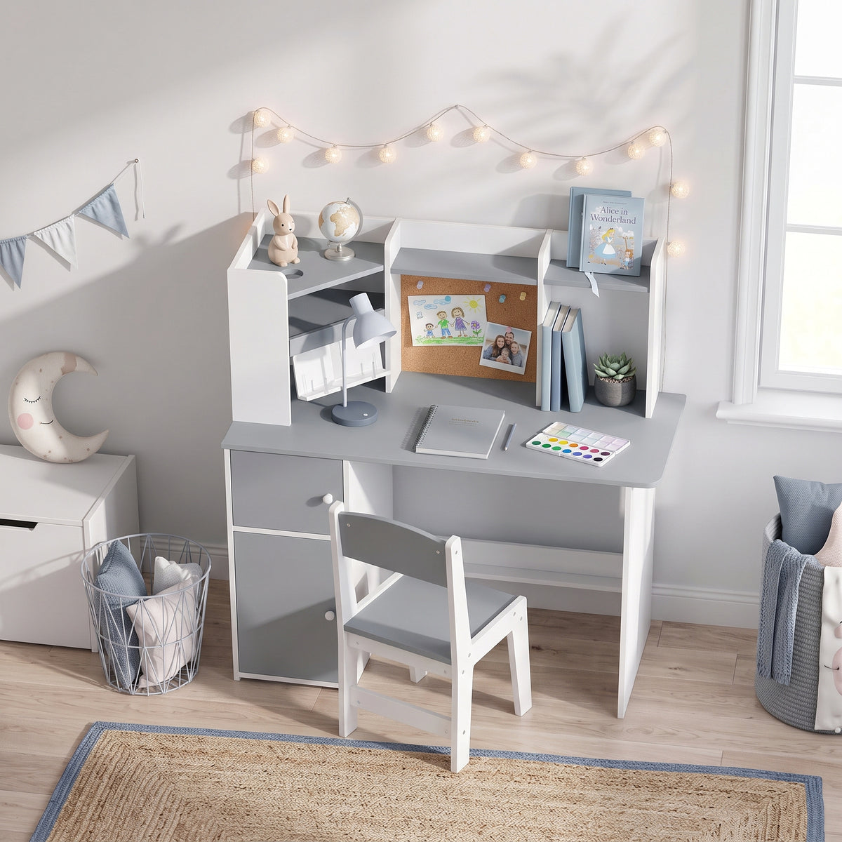 Scrivania Bambini con Sedia e Supporto Tablet
