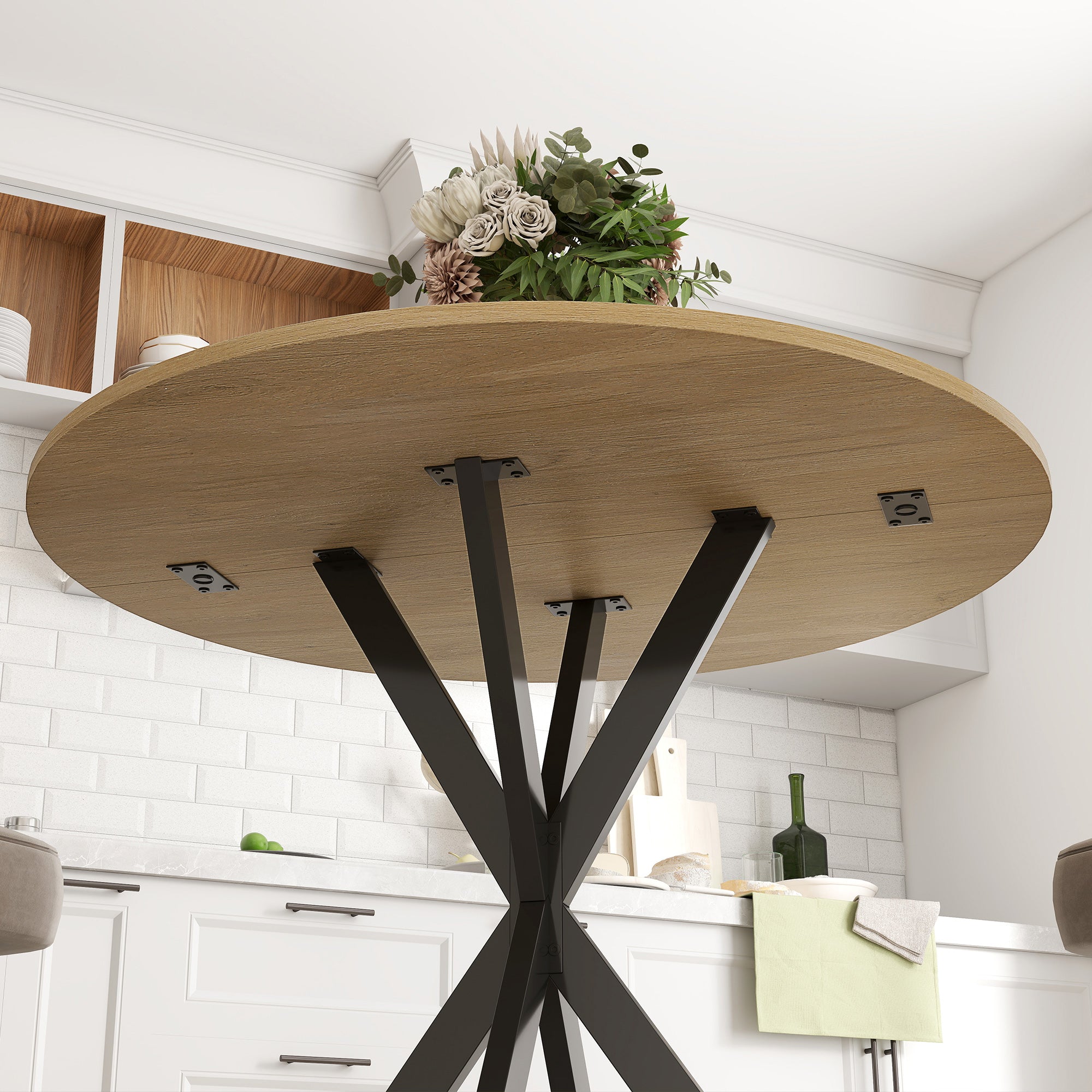 Tavolo da Pranzo Rotondo Stile Industriale con Gambe a Croce Effetto Quercia