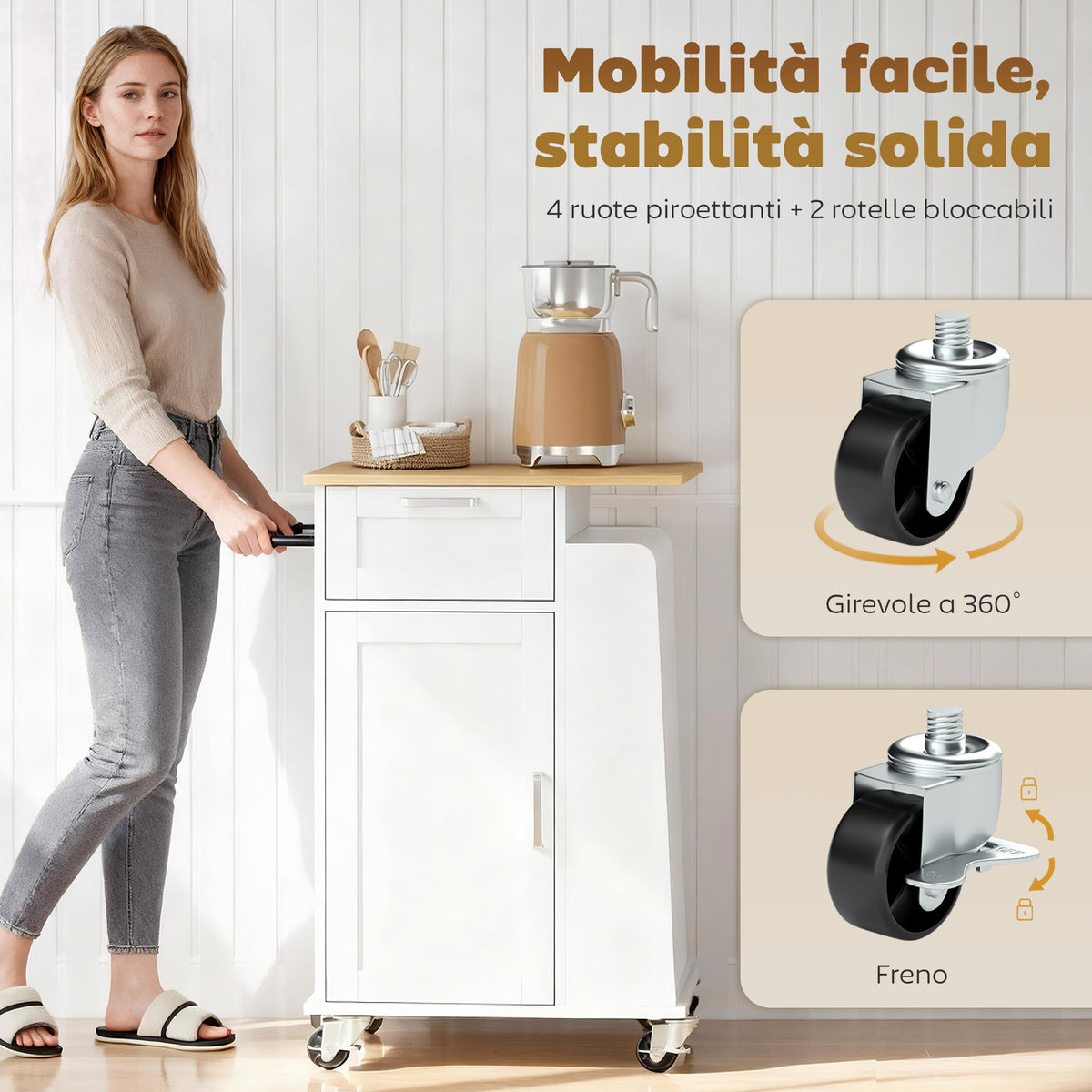Carrello da Cucina Bianco con Portaspezie e Portasciugamani