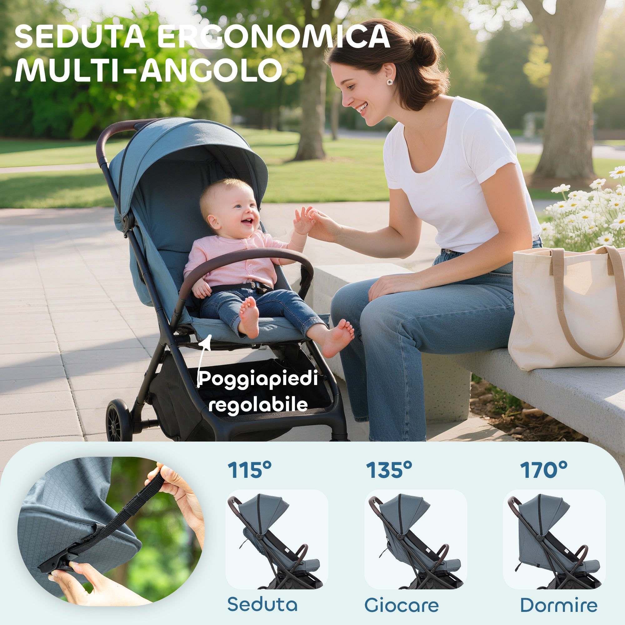 Passeggino Pieghevole per Bambini con Schienale Reclinabile e Capote Parasole