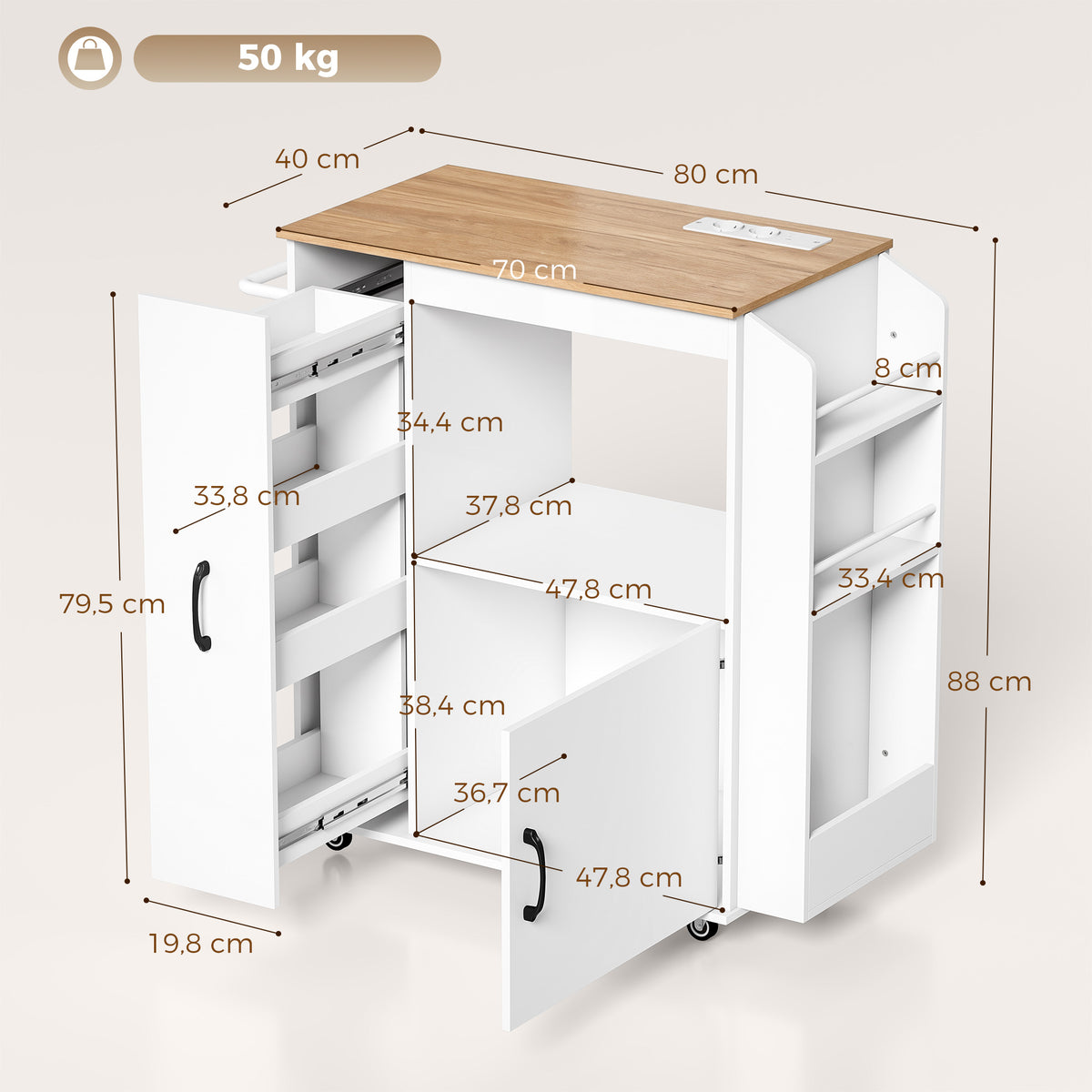 Carrello da Cucina Bianco con Presa di Corrente