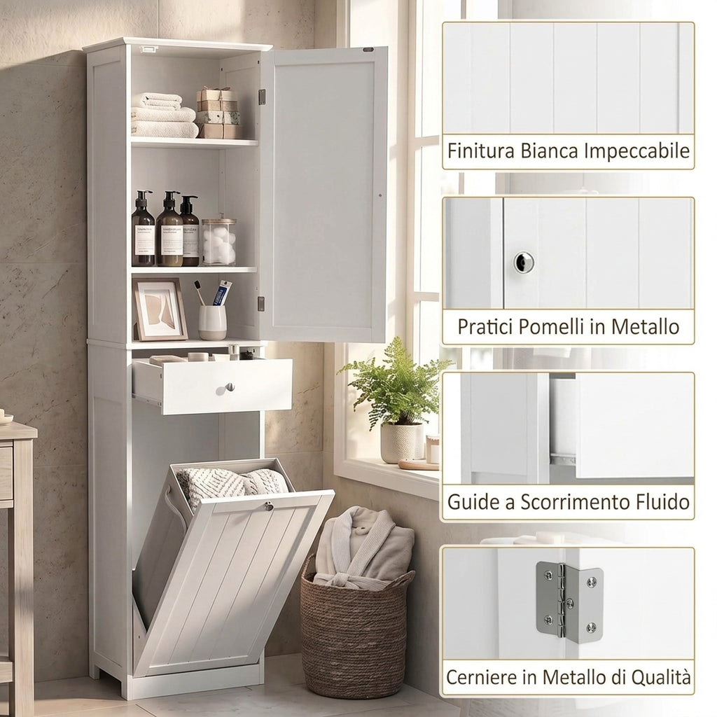 Mobile Bagno a Colonna 180 cm con Cesto Portabiancheria