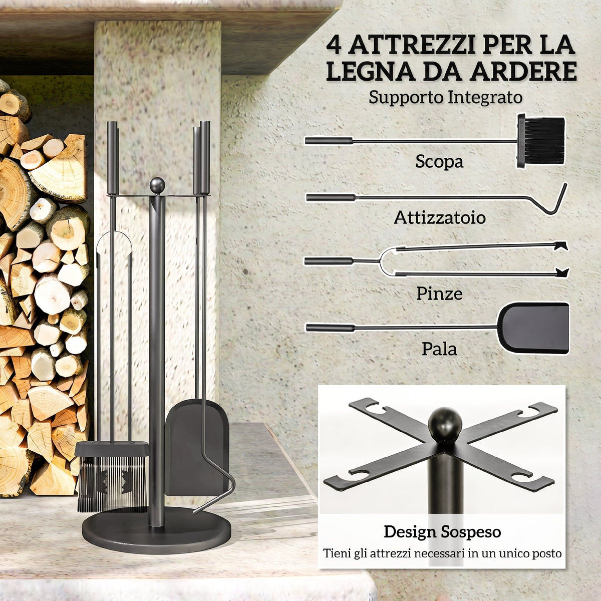 Set Attrezzi per Camino 5 Pezzi con Supporto in Metallo