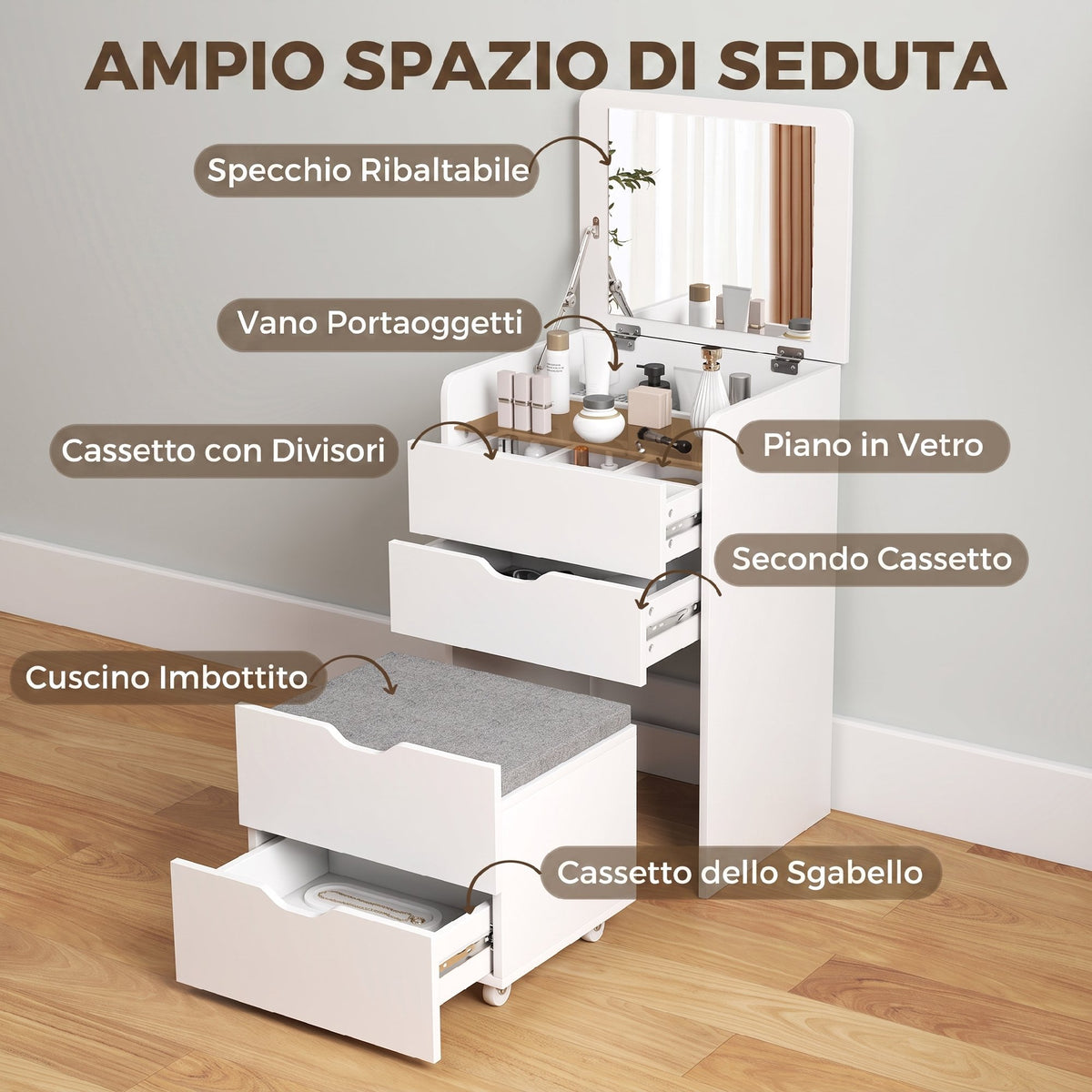 Toeletta 3 in 1 Bianca con Specchio e Sgabello