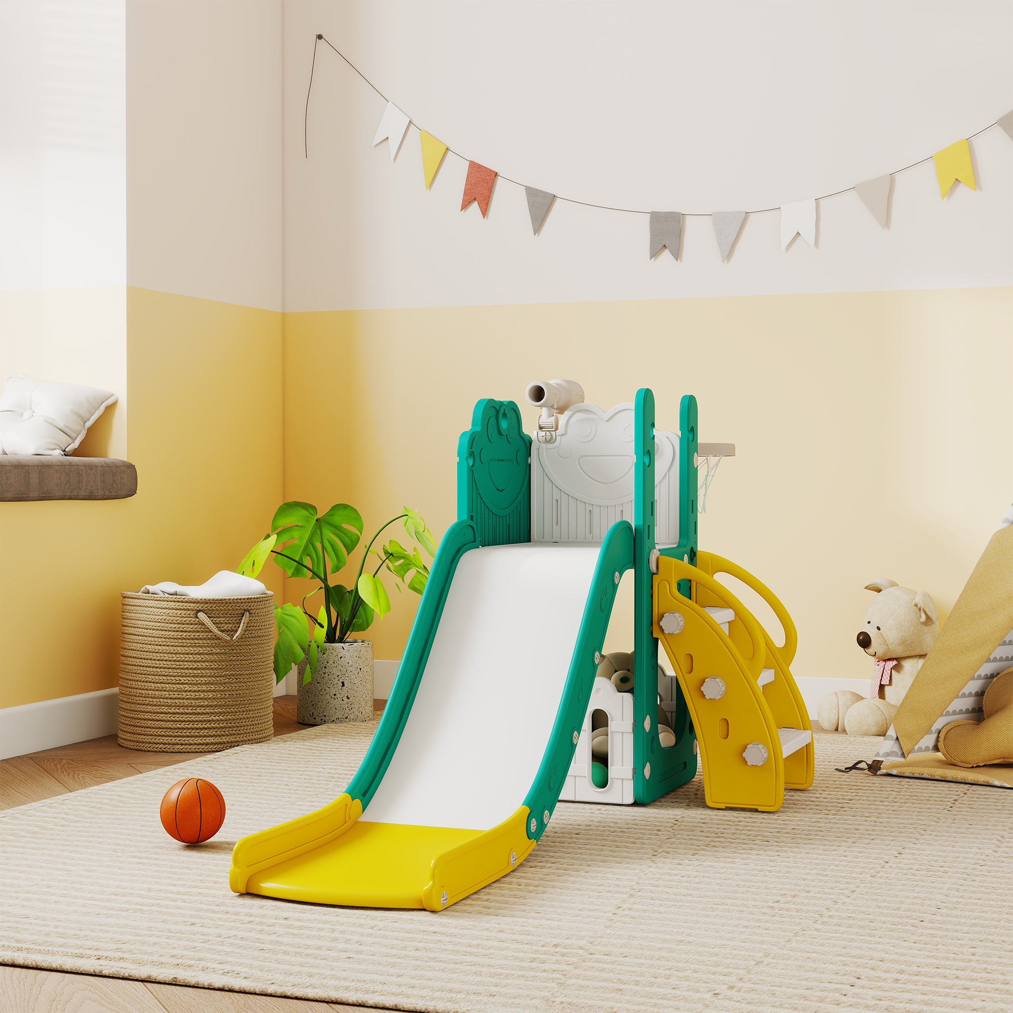 Set Scivolo per Bambini 5 in 1 con Canestro, Scaletta e Telescopio Giallo