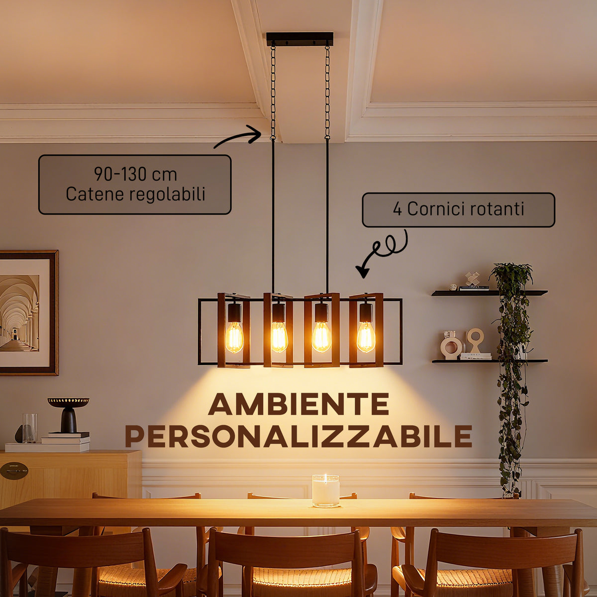 Lampadario Rustico Nero e Marrone a 4 Cornici