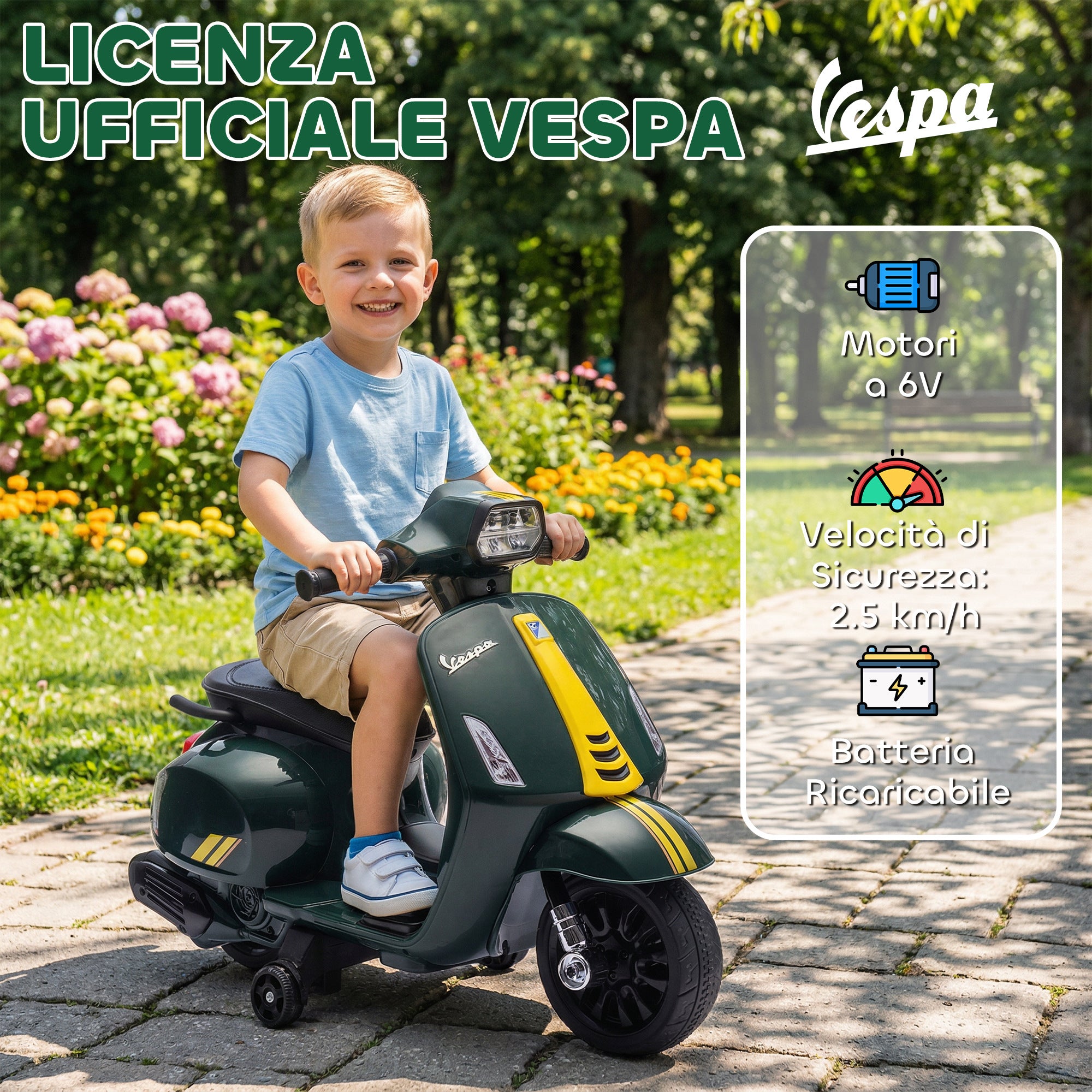 Moto Elettrica Vespa con Licenza Ufficiale 6V per Bambini 2-6 Anni Verde Scuro
