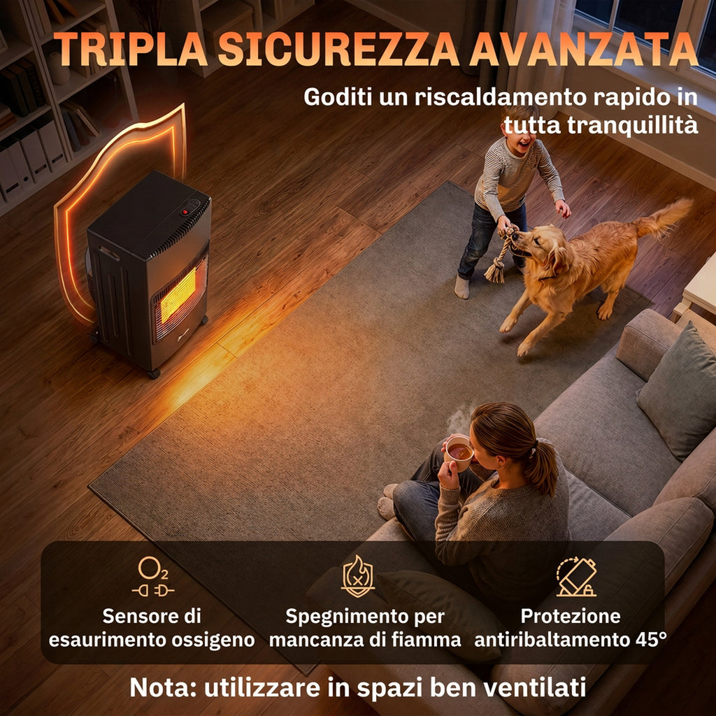 Stufa a Gas 4,2 kW con 3 Livelli di Calore e Sicurezza