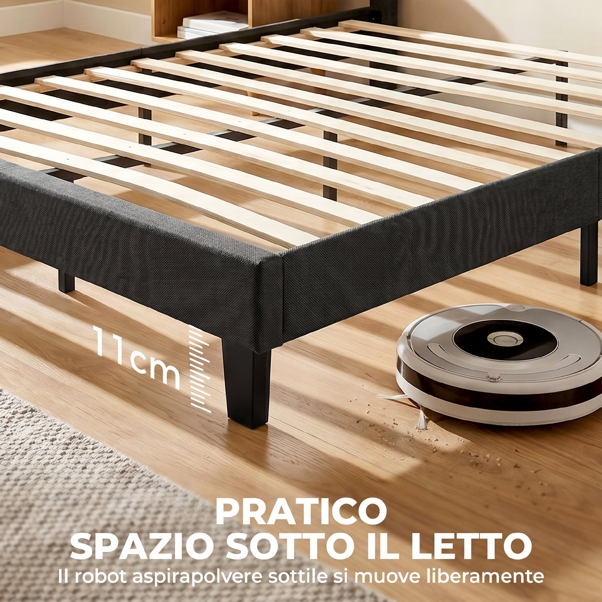 Letto Matrimoniale in Tessuto Effetto Lino con Testiera Regolabile Nero