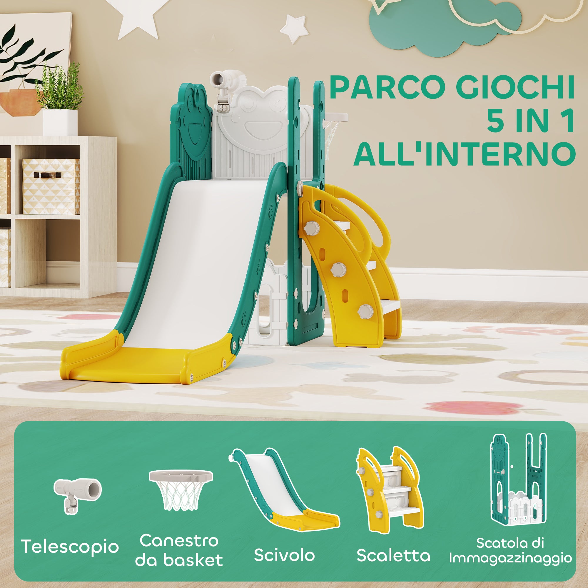 Set Scivolo per Bambini 5 in 1 con Canestro, Scaletta e Telescopio Giallo
