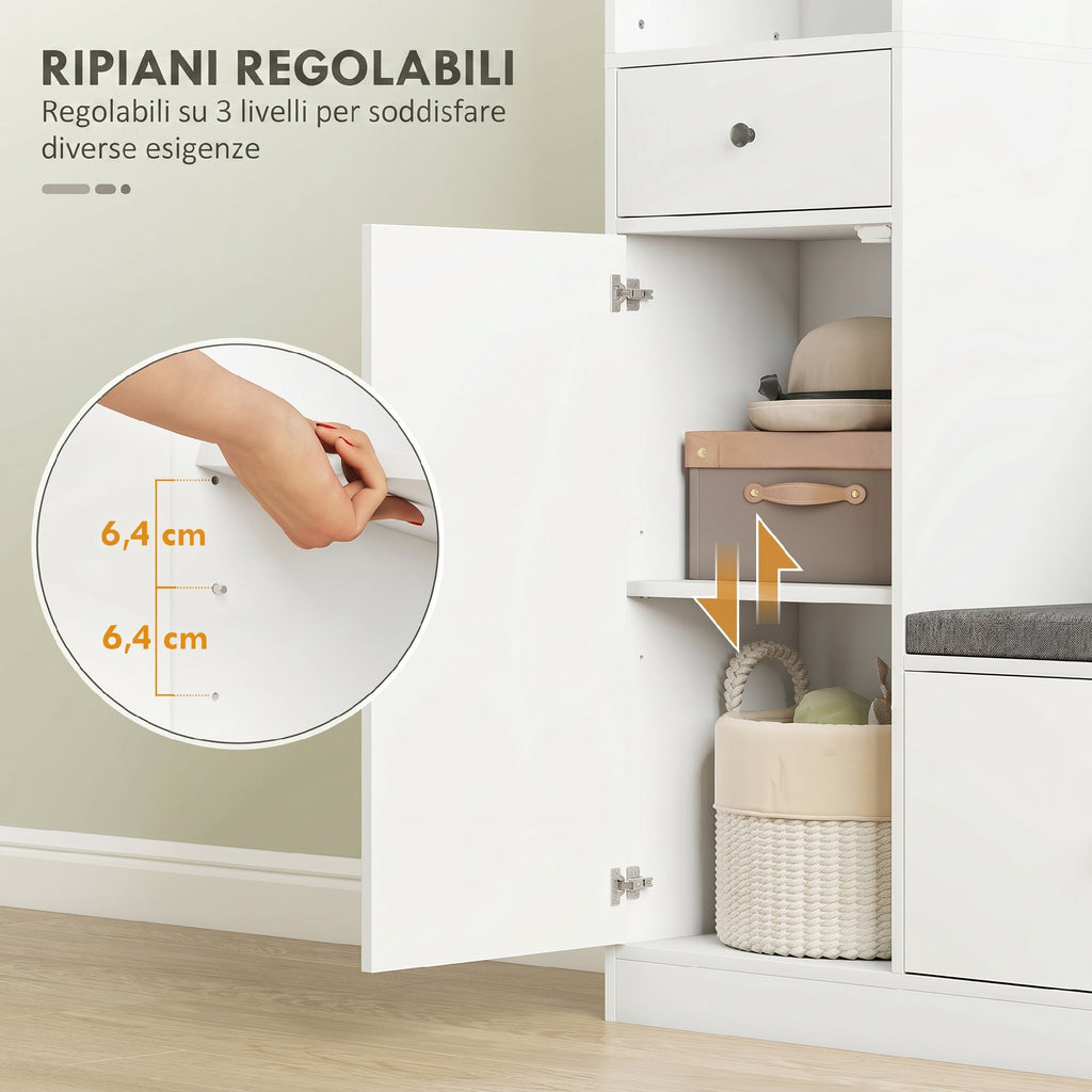 Armadio Guardaroba Bianco con Panca e Portascarpe