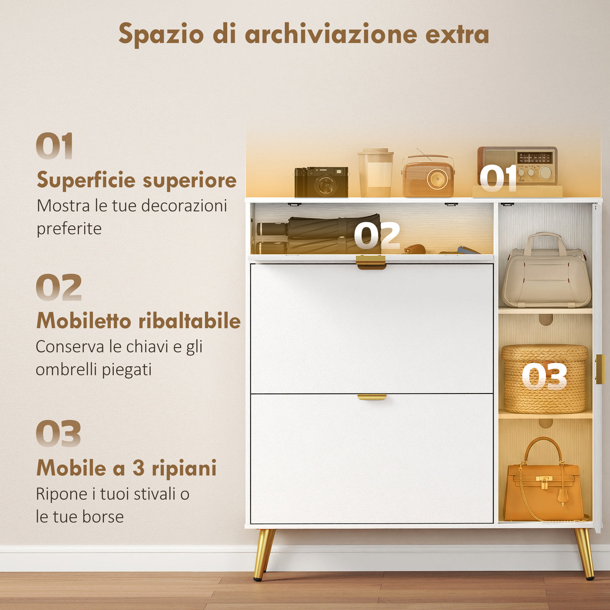 Scarpiera Bianca per 12 Paia con 2 Cassetti Ribaltabili