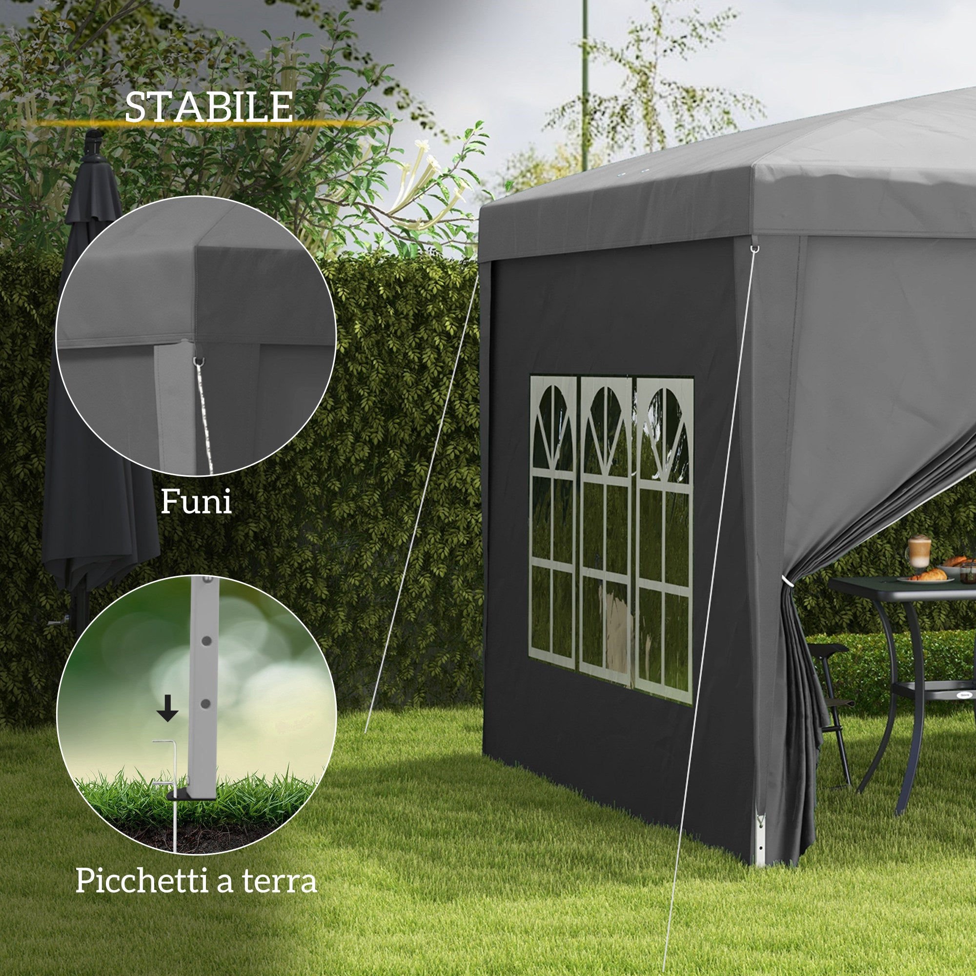 Gazebo Pieghevole da Esterno 3x3 m con 4 Pannelli Laterali Grigio