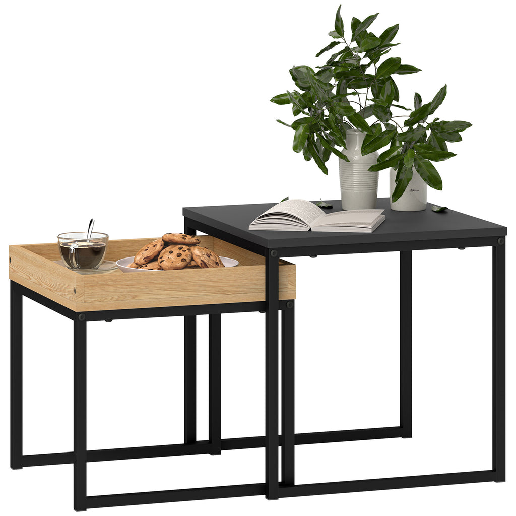 Set di 2 Tavolini da Caffè Moderni con Gambe a U in Legno e Acciaio Nero