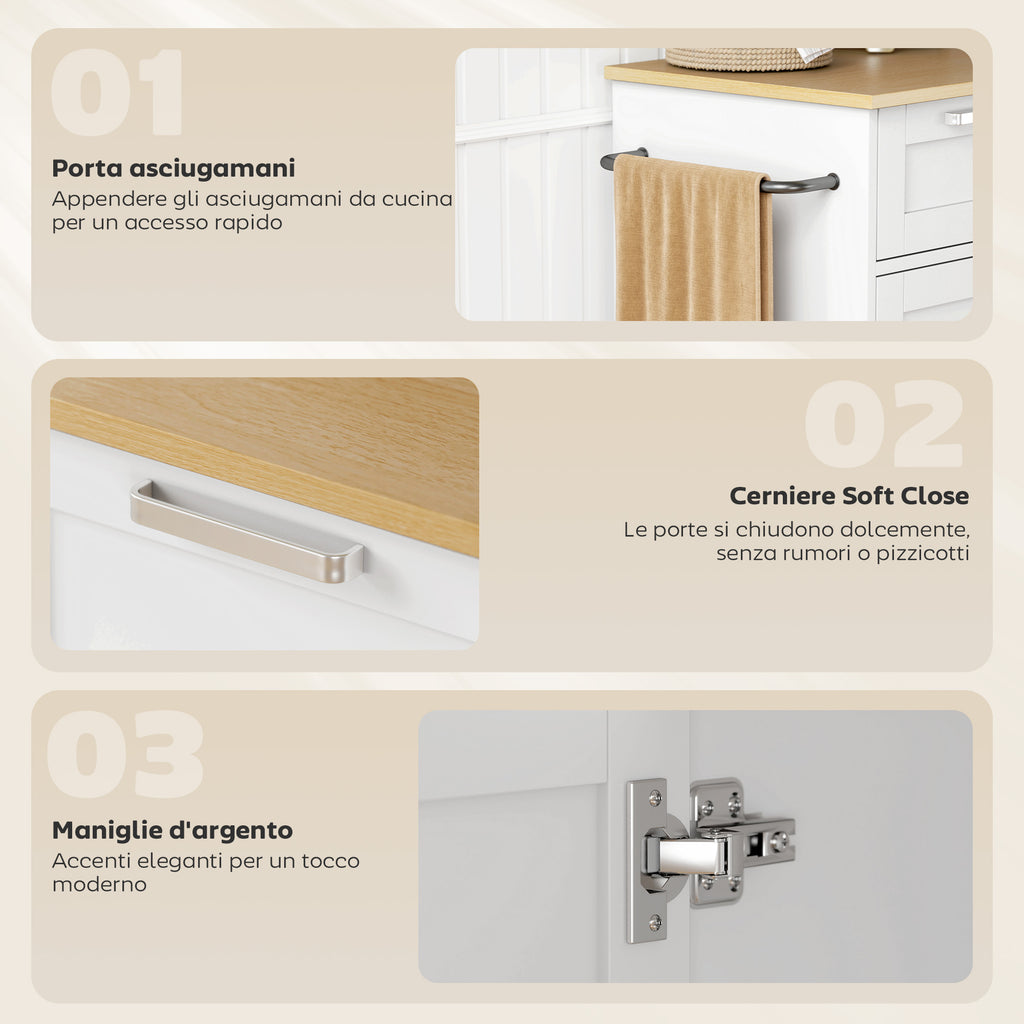 Carrello da Cucina Bianco con Portaspezie e Portasciugamani