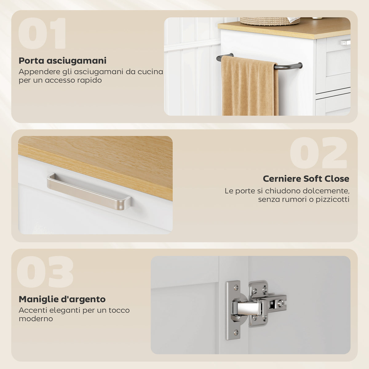 Carrello da Cucina Bianco con Portaspezie e Portasciugamani