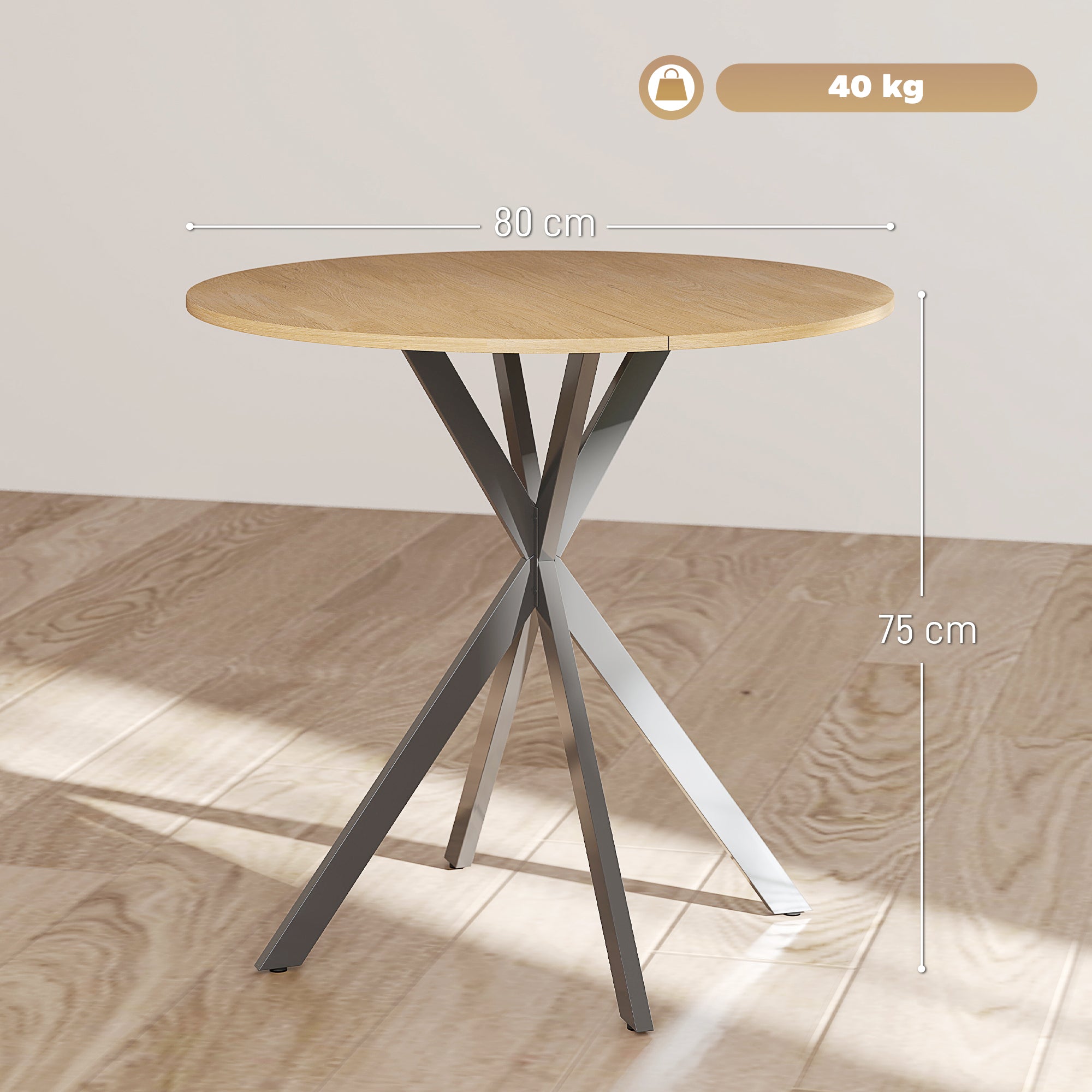 Tavolo da Pranzo Rotondo Stile Industriale con Gambe a Croce Effetto Quercia