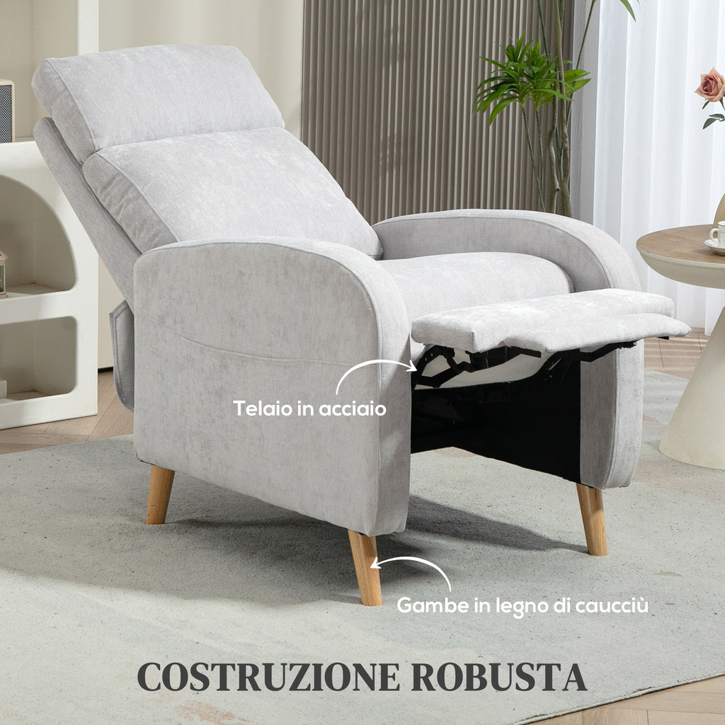 Poltrona Relax Reclinabile fino a 150° con Poggiapiedi in Tessuto Effetto Lino Grigio Chiaro