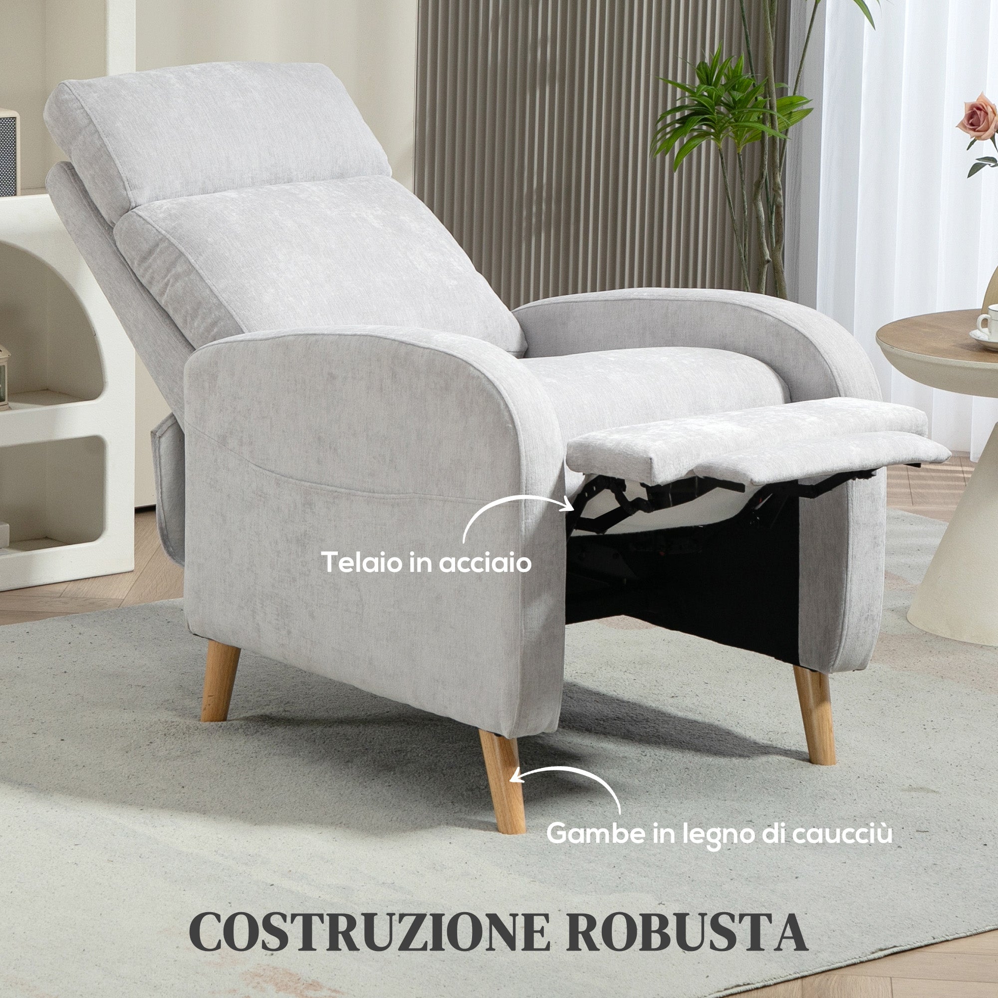 Poltrona Relax Reclinabile fino a 150° con Poggiapiedi in Tessuto Effetto Lino Grigio Chiaro