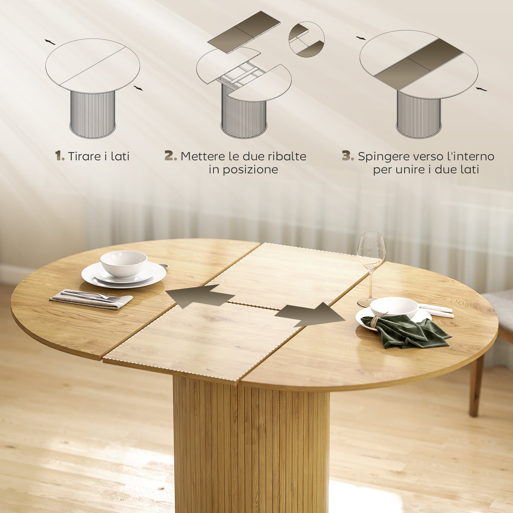 Tavolo da Pranzo Espandibile Rotondo/Ovale per 6-8 Persone con Base a Piedistallo