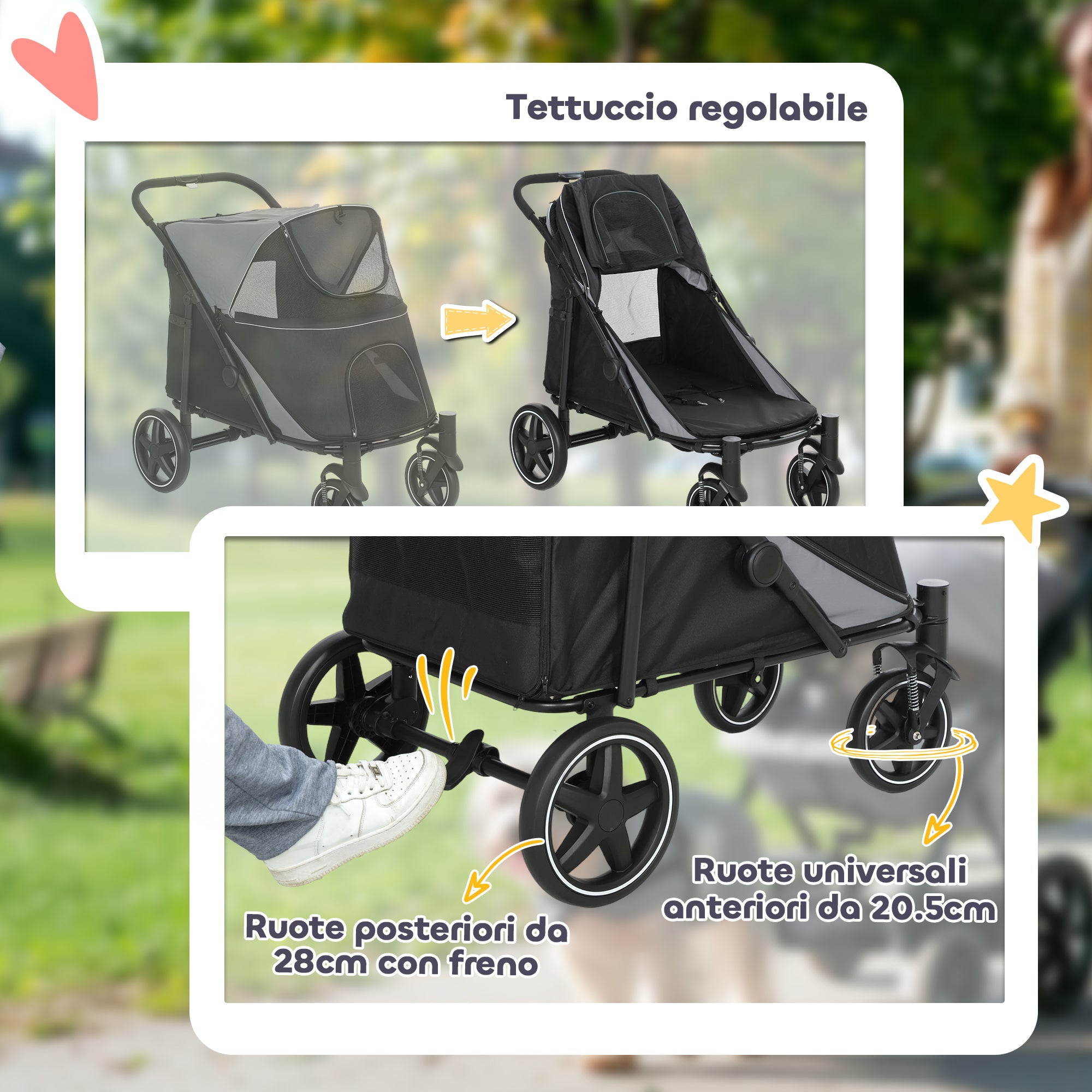 Passeggino Pieghevole per Cani di Taglia Media o Grande con Finestre in Rete e Ingressi a Cerniera