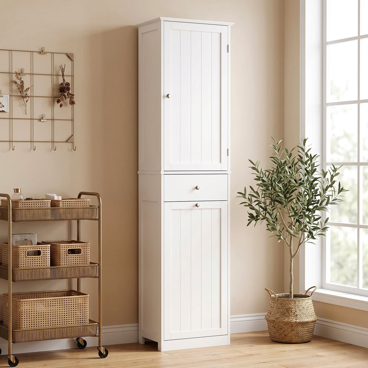 Mobile Bagno a Colonna 180 cm con Cesto Portabiancheria