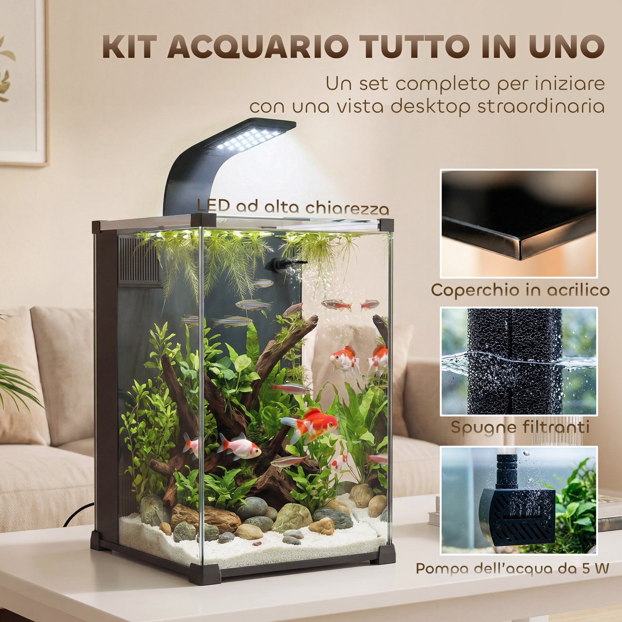 Nano Acquario in Vetro Temperato con Filtro Integrato, Pompa 5W e Luce LED