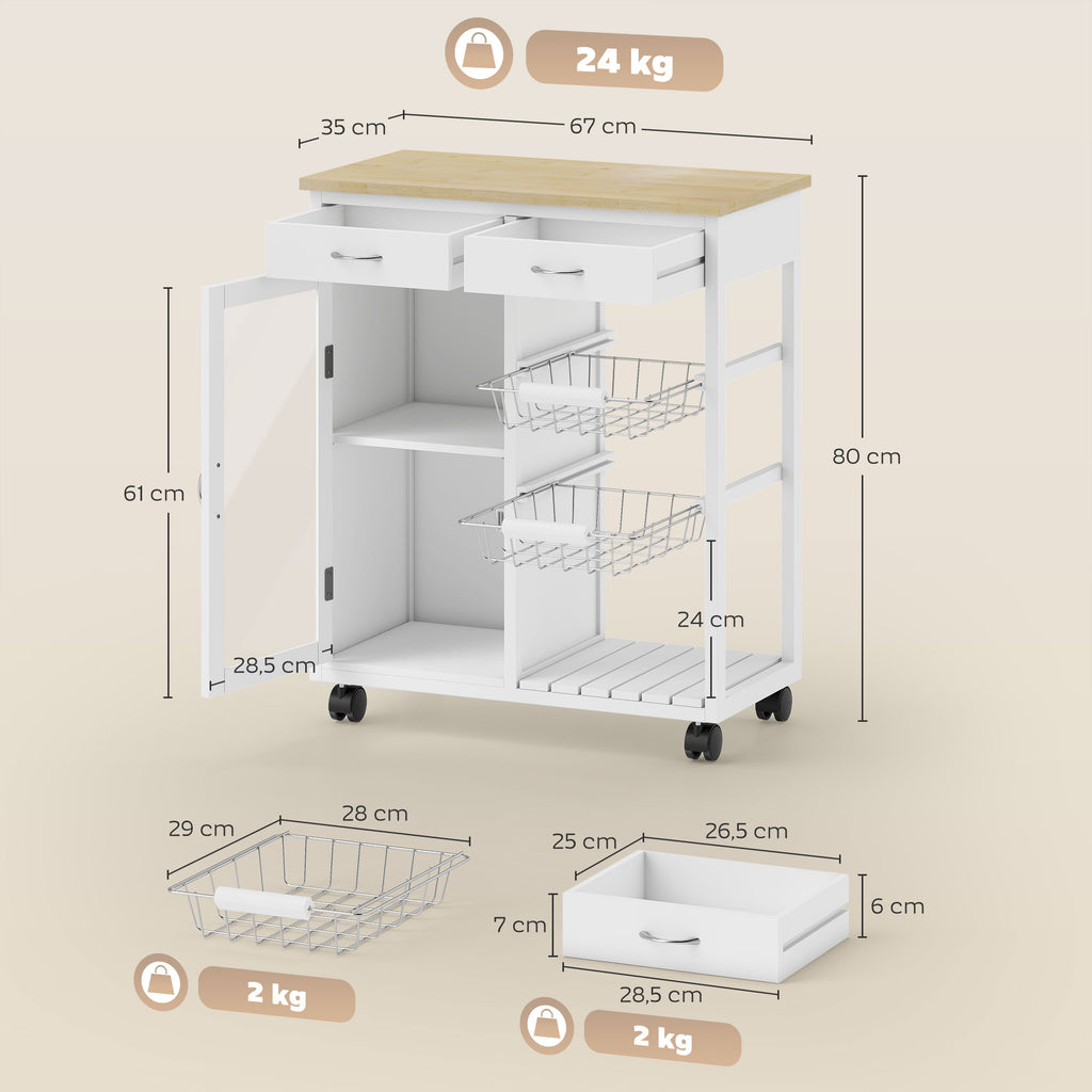 Carrello da Cucina in Bambù Bianco con 2 Cassetti