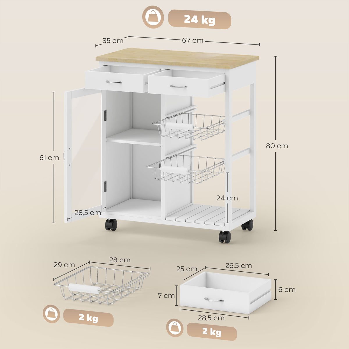 Carrello da Cucina in Bambù Bianco con 2 Cassetti