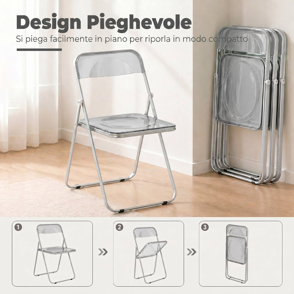 Set 4 Sedie Pieghevoli Trasparenti Grigie in Acrilico