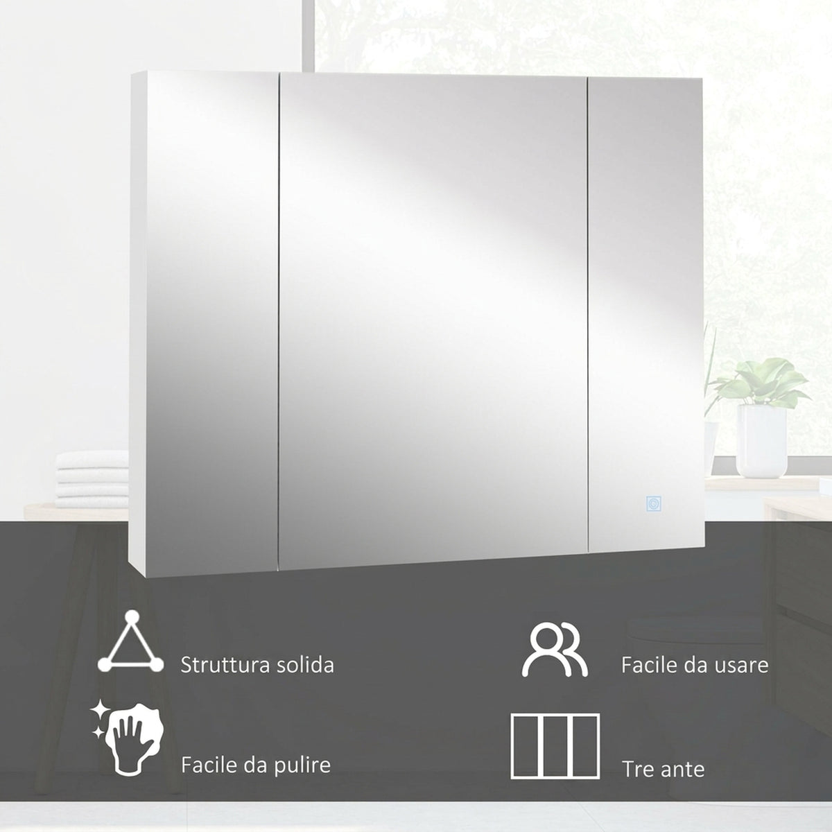 Specchio Bagno Contenitore LED 90 cm con Ripiani