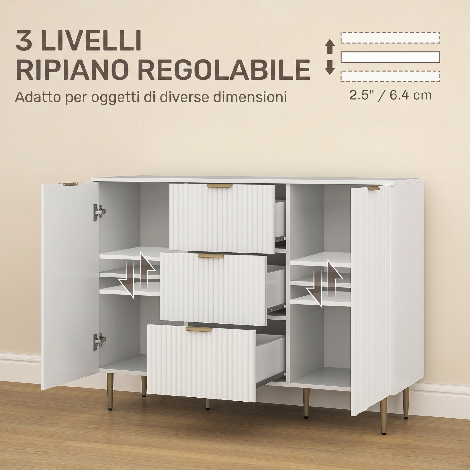 Credenza Moderna con 3 Cassetti, 2 Armadietti e Ripiani Regolabili in Legno e Metallo